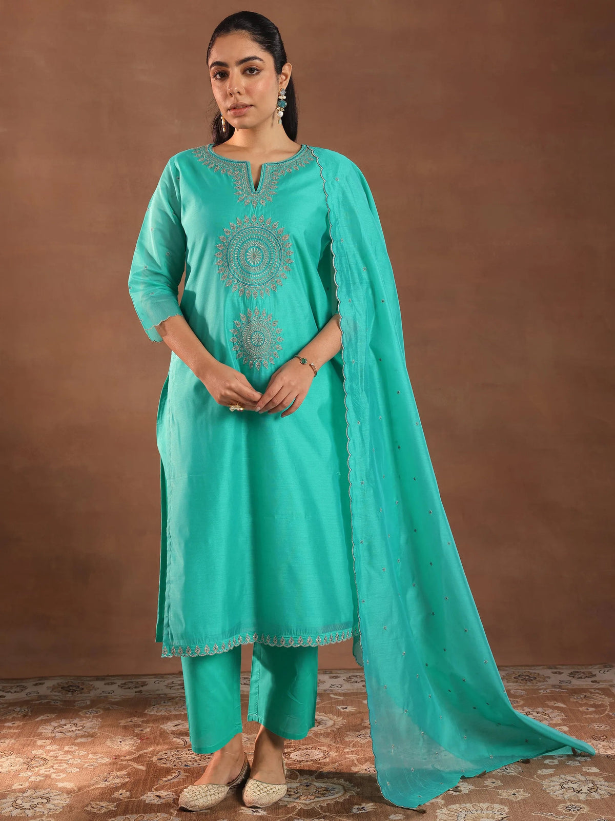 Anouk Turquoise Blue Embroidered Chanderi Silk Straight Suit With Dupatta