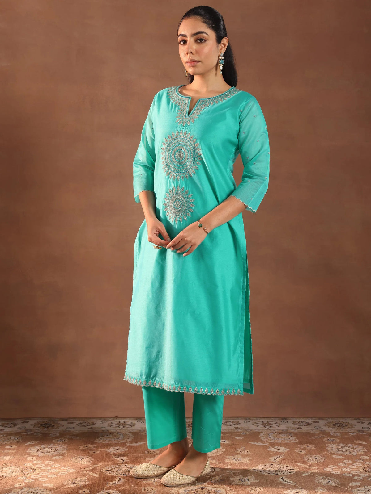 Anouk Turquoise Blue Embroidered Chanderi Silk Straight Suit With Dupatta