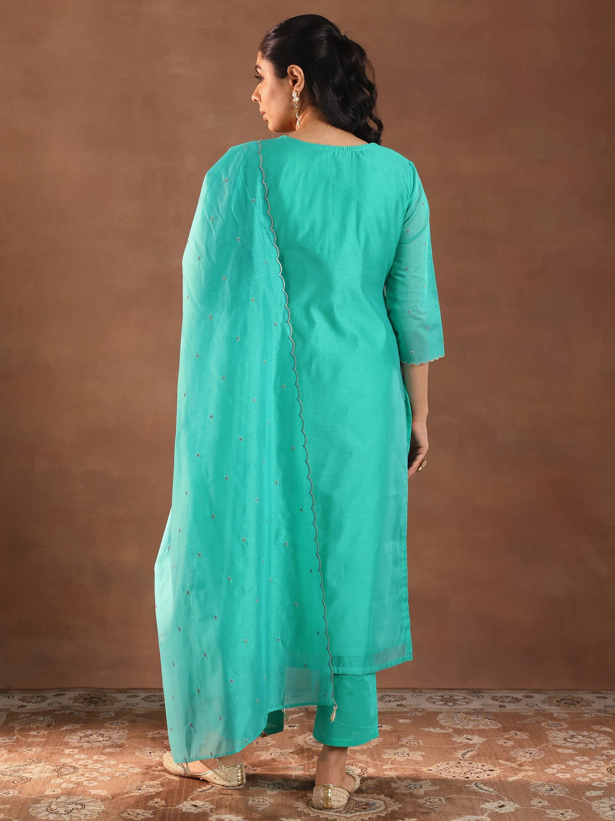 Anouk Turquoise Blue Embroidered Chanderi Silk Straight Suit With Dupatta