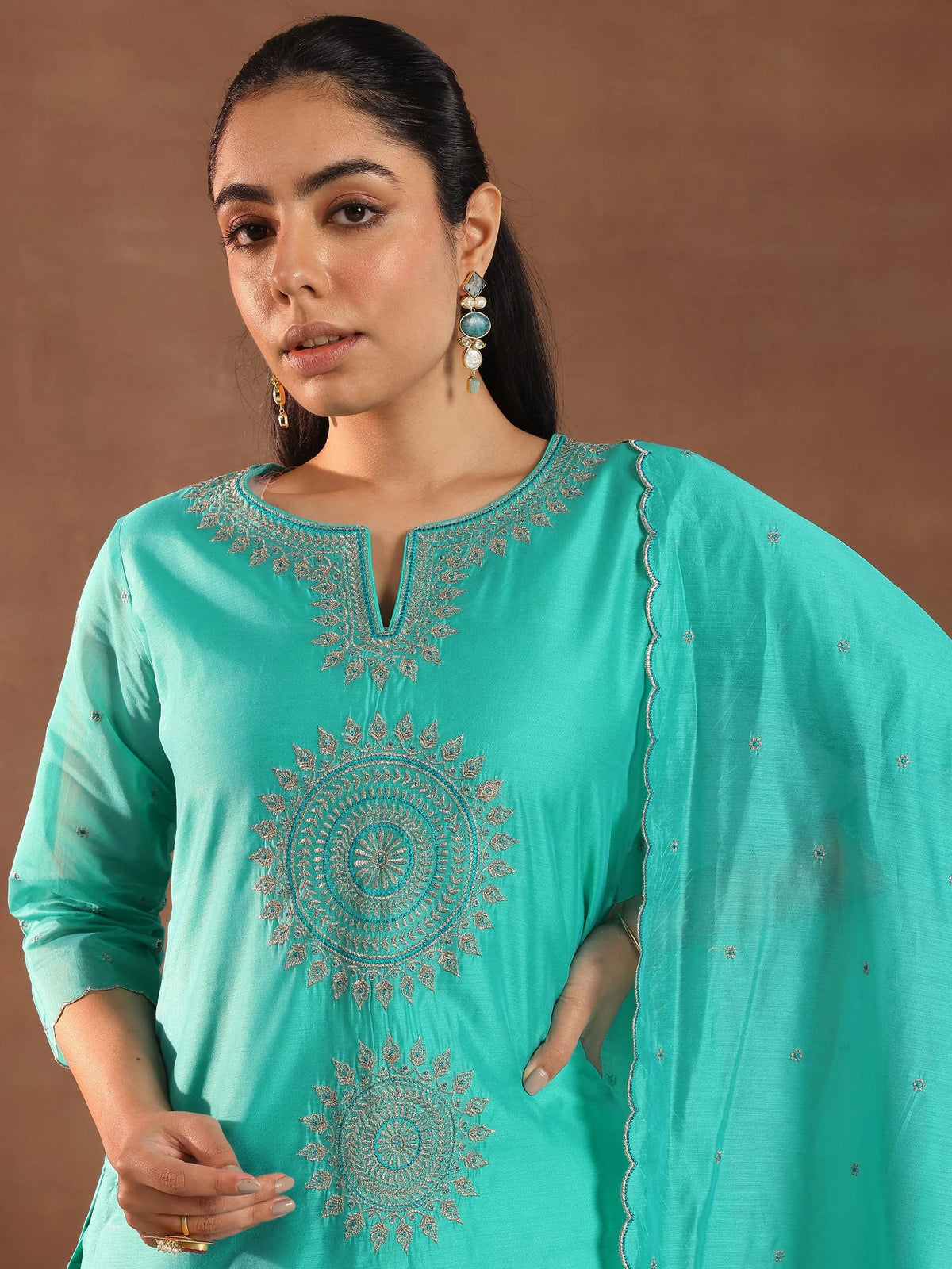 Anouk Turquoise Blue Embroidered Chanderi Silk Straight Suit With Dupatta