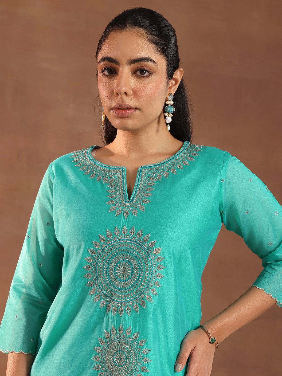 Anouk Turquoise Blue Embroidered Chanderi Silk Straight Suit With Dupatta