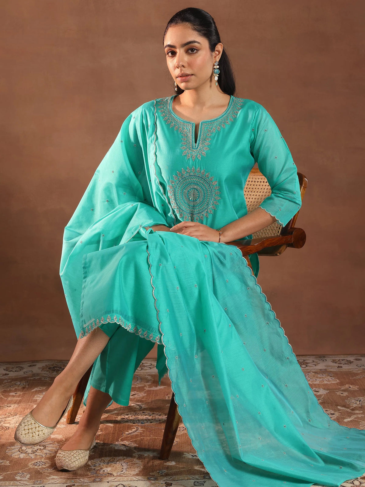 Anouk Turquoise Blue Embroidered Chanderi Silk Straight Suit With Dupatta