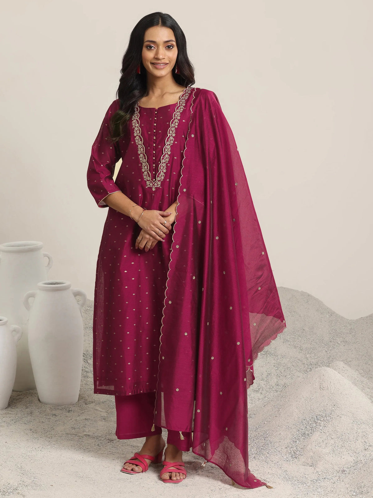 Anouk Maroon Woven Design Chanderi Silk Straight Suit With Dupatta