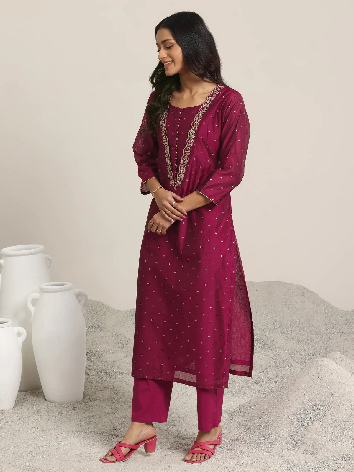 Anouk Maroon Woven Design Chanderi Silk Straight Suit With Dupatta