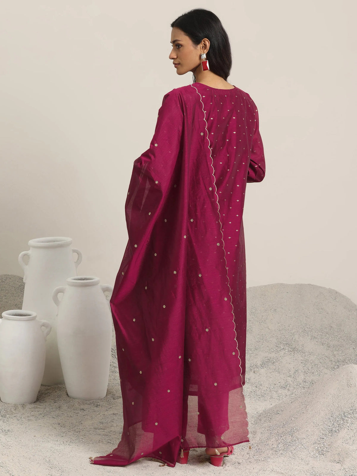 Anouk Maroon Woven Design Chanderi Silk Straight Suit With Dupatta