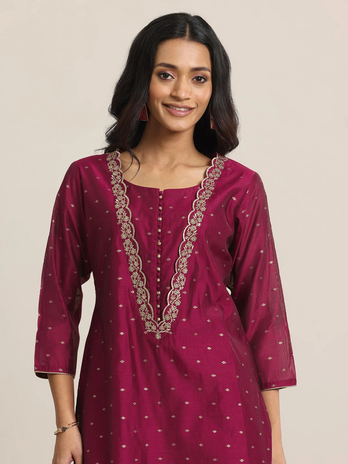 Anouk Maroon Woven Design Chanderi Silk Straight Suit With Dupatta