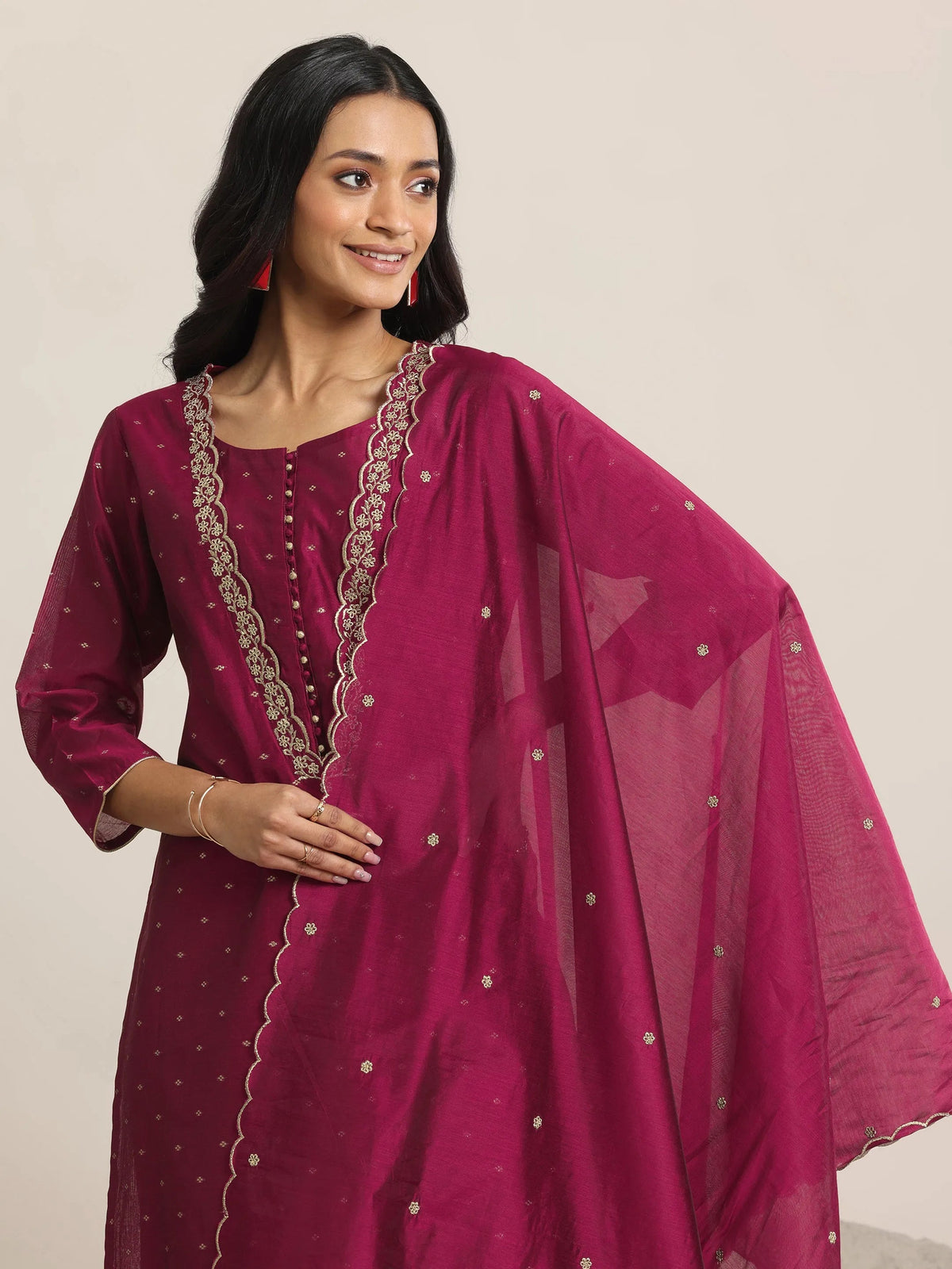 Anouk Maroon Woven Design Chanderi Silk Straight Suit With Dupatta
