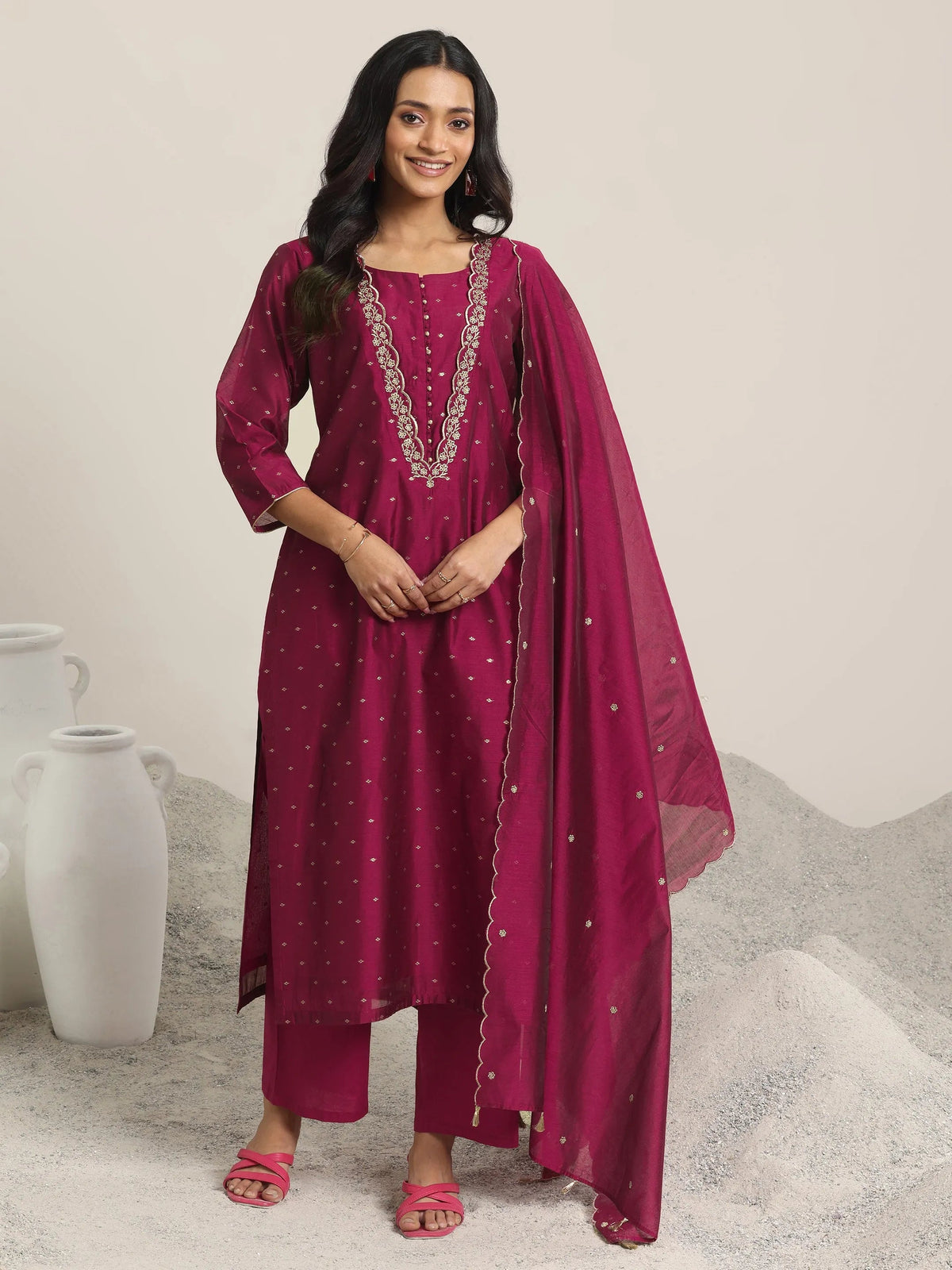 Anouk Maroon Woven Design Chanderi Silk Straight Suit With Dupatta