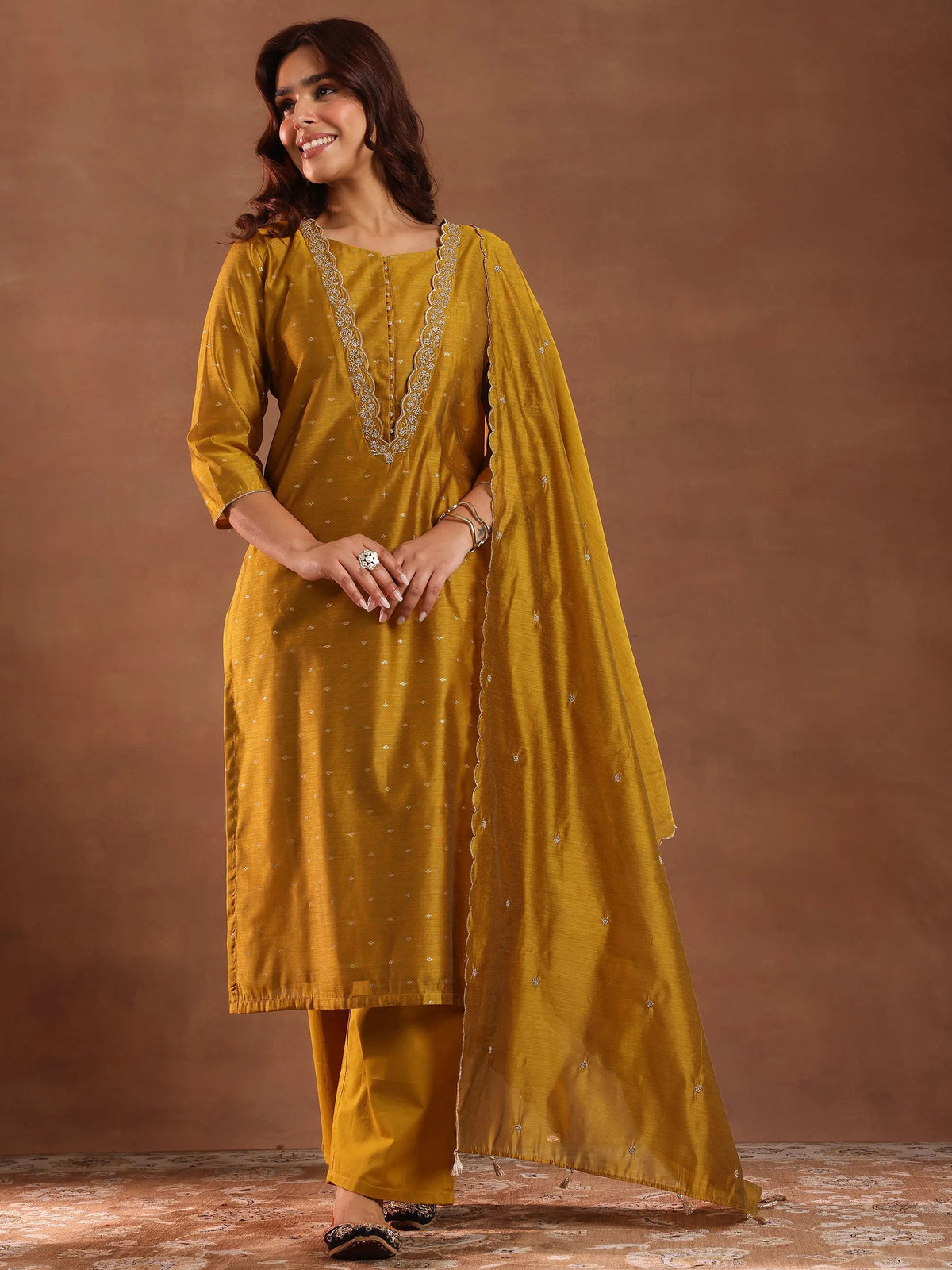 Anouk Mustard Woven Design Chanderi Silk Straight Suit With Dupatta