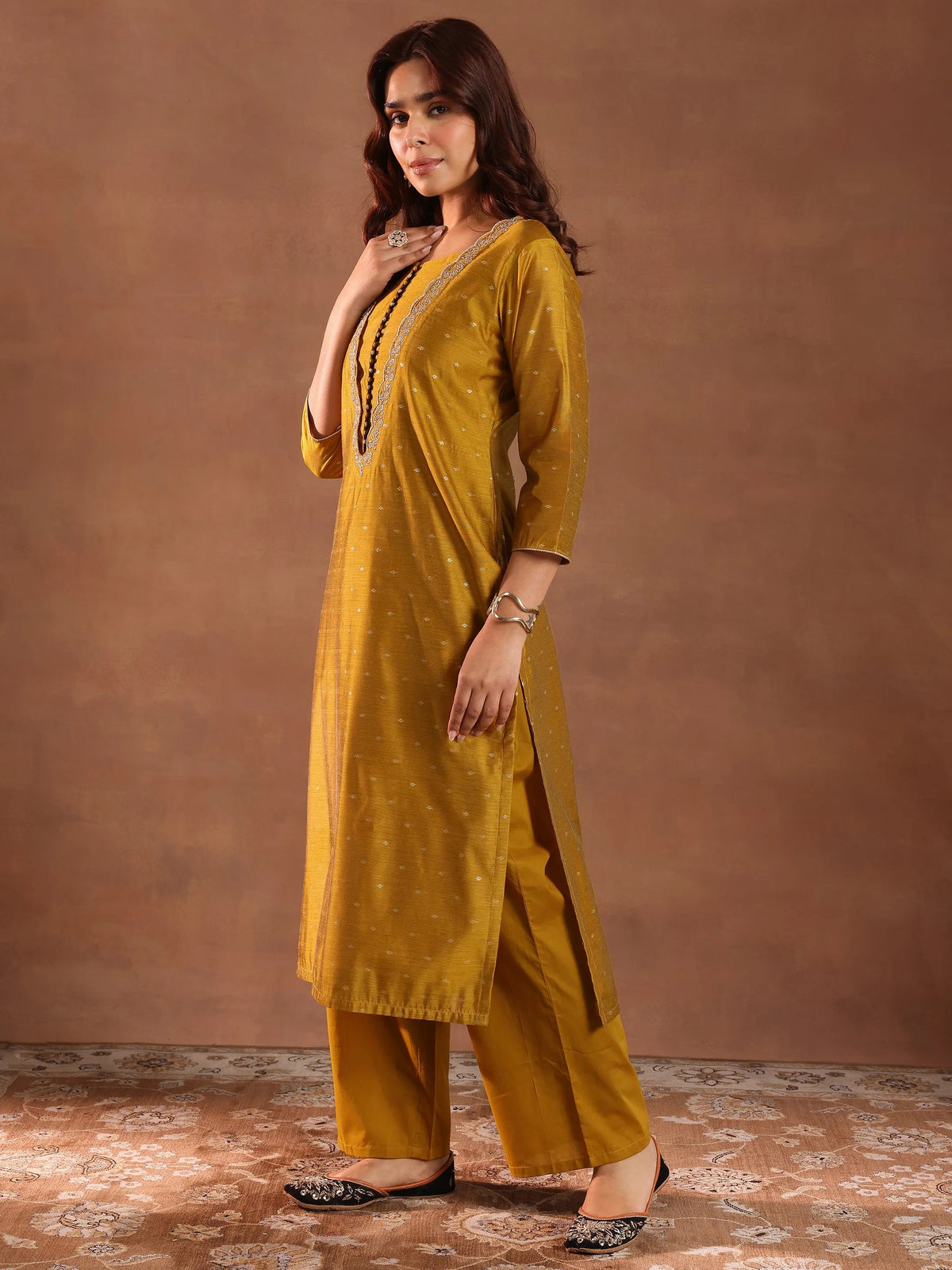 Anouk Mustard Woven Design Chanderi Silk Straight Suit With Dupatta