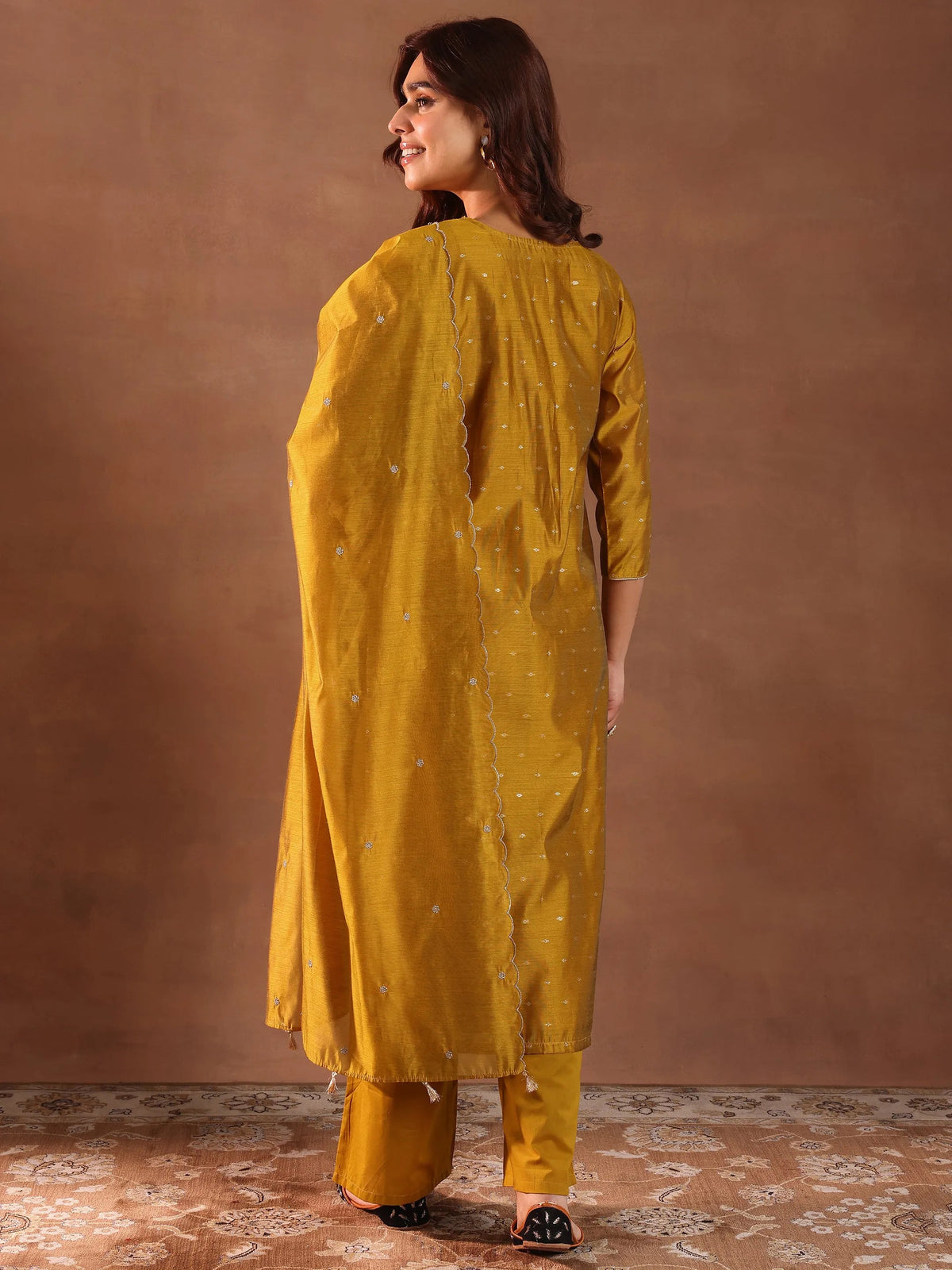 Anouk Mustard Woven Design Chanderi Silk Straight Suit With Dupatta