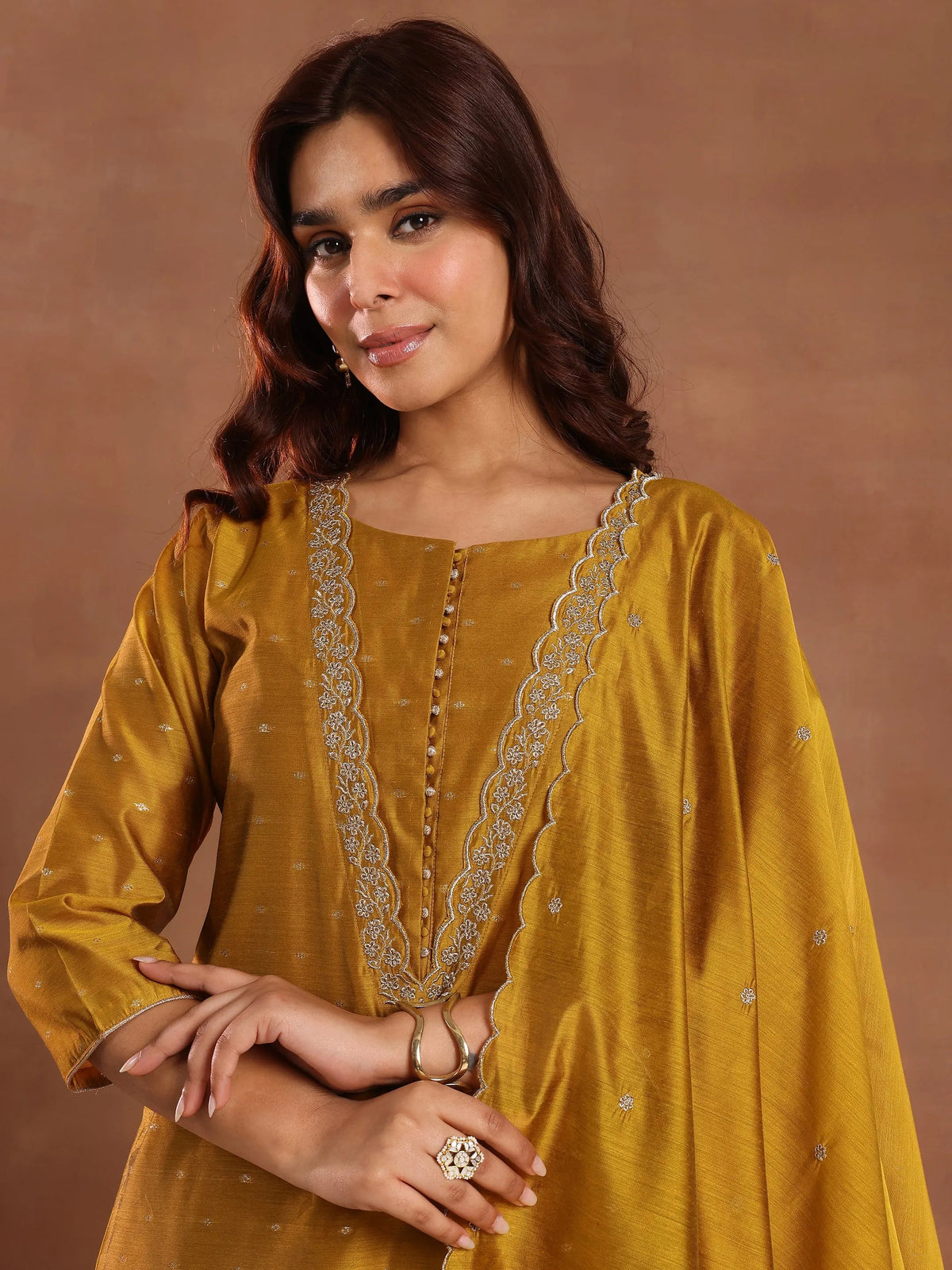 Anouk Mustard Woven Design Chanderi Silk Straight Suit With Dupatta
