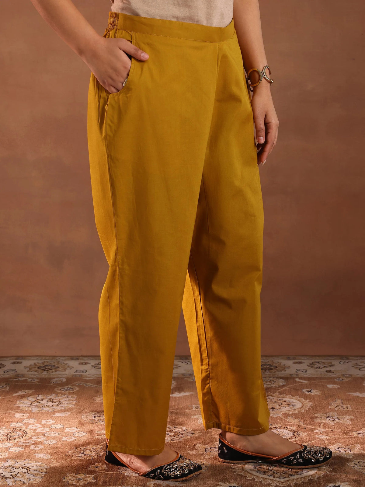 Anouk Mustard Woven Design Chanderi Silk Straight Suit With Dupatta