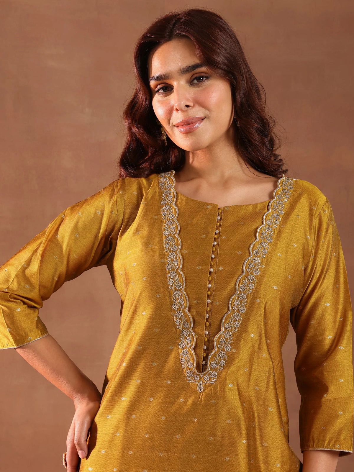 Anouk Mustard Woven Design Chanderi Silk Straight Suit With Dupatta