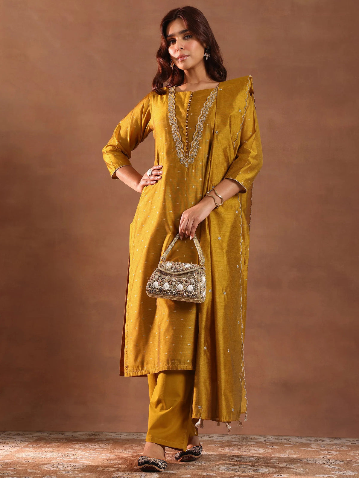 Anouk Mustard Woven Design Chanderi Silk Straight Suit With Dupatta