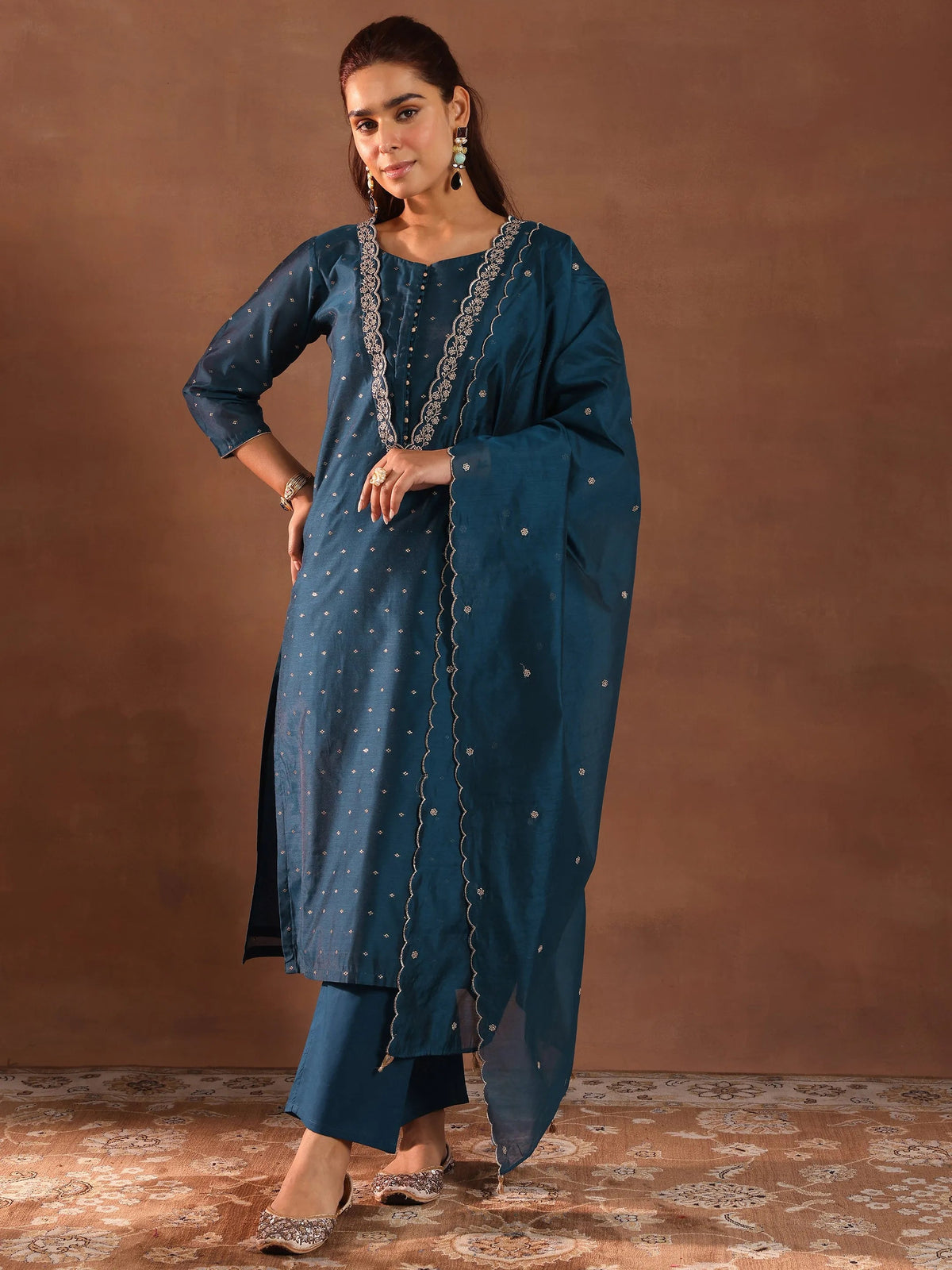 Anouk Teal Woven Design Chanderi Silk Straight Suit With Dupatta