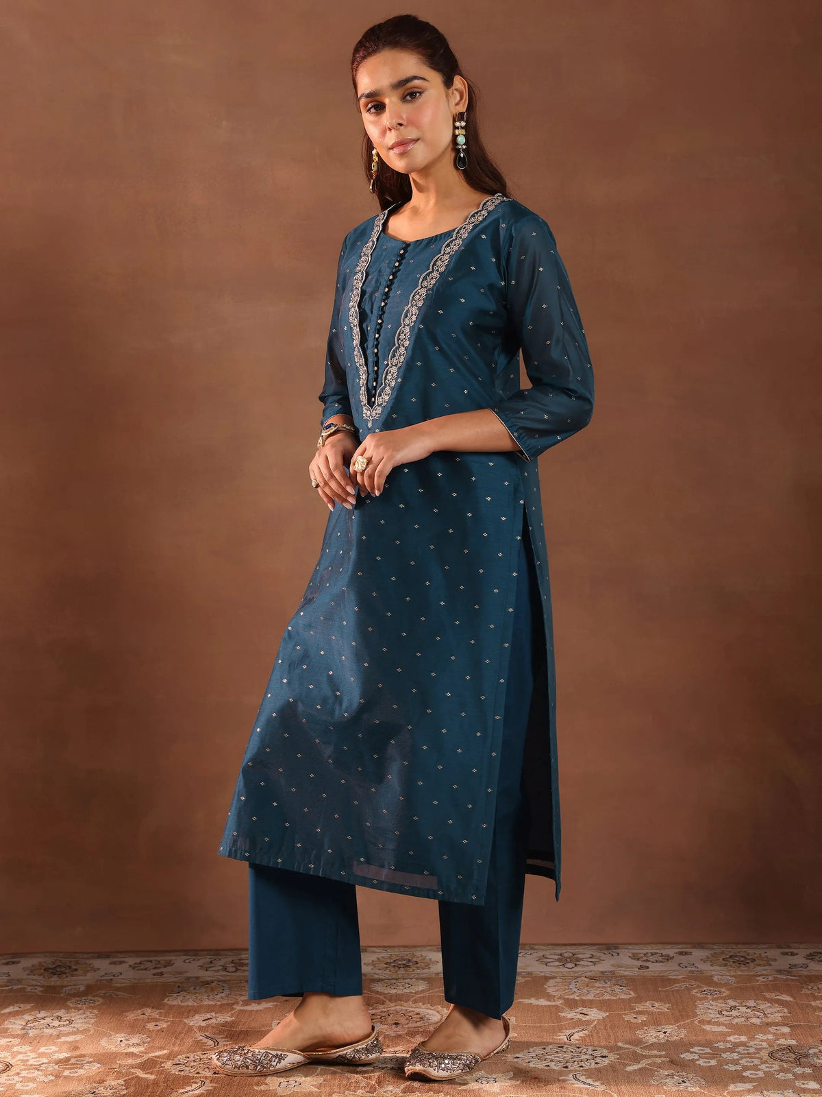 Anouk Teal Woven Design Chanderi Silk Straight Suit With Dupatta