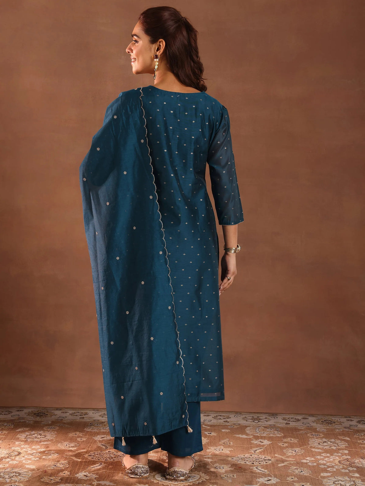 Anouk Teal Woven Design Chanderi Silk Straight Suit With Dupatta