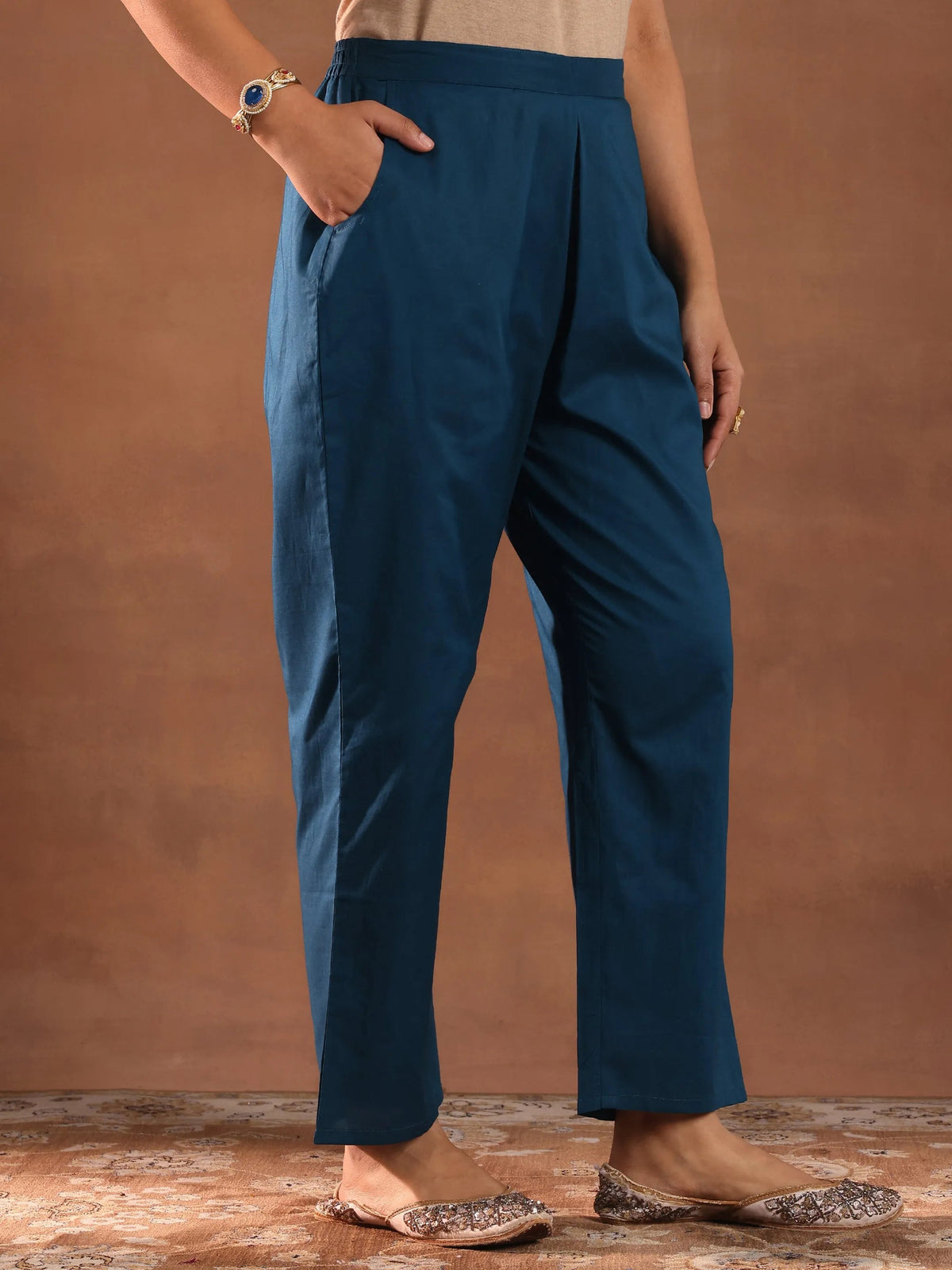 Anouk Teal Woven Design Chanderi Silk Straight Suit With Dupatta