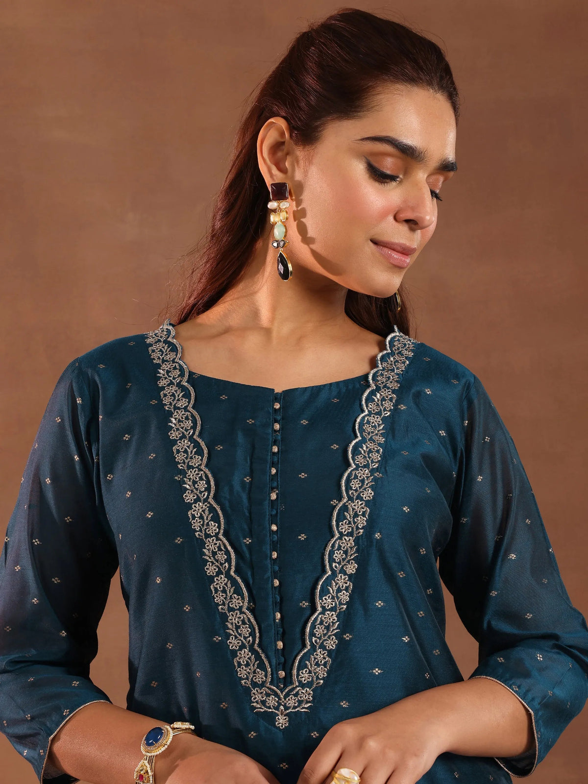 Anouk Teal Woven Design Chanderi Silk Straight Suit With Dupatta