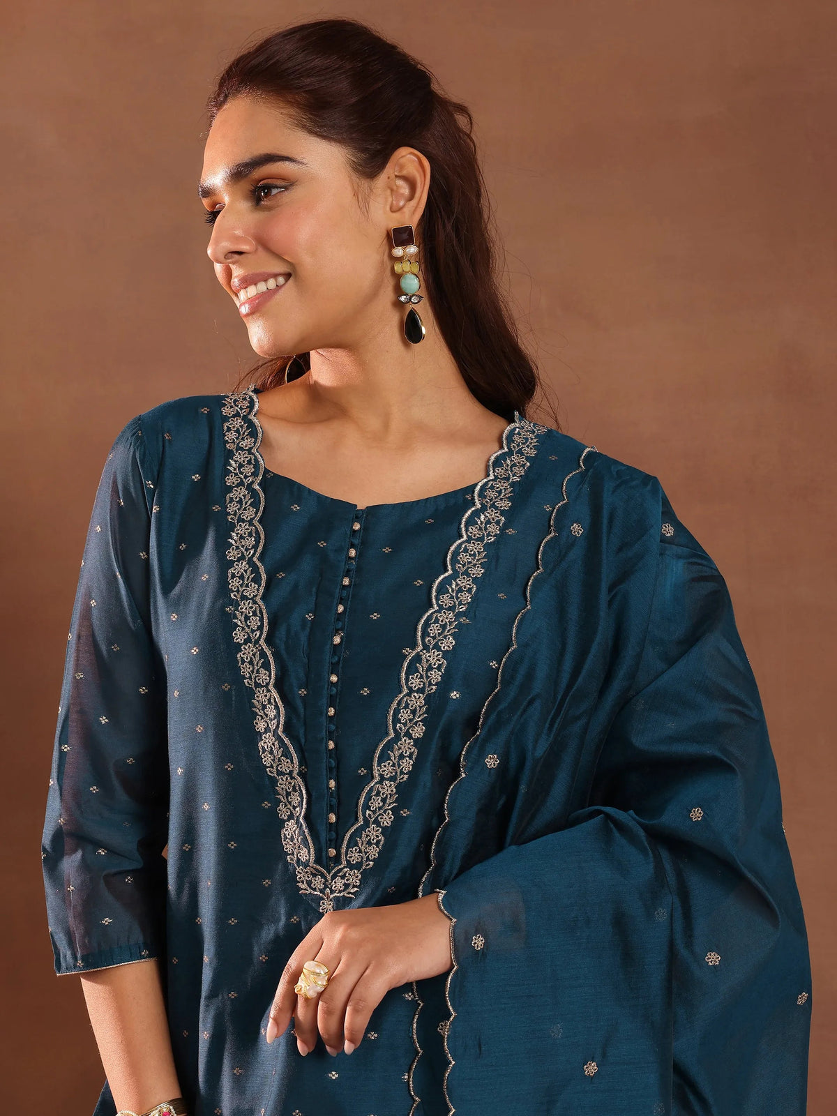 Anouk Teal Woven Design Chanderi Silk Straight Suit With Dupatta