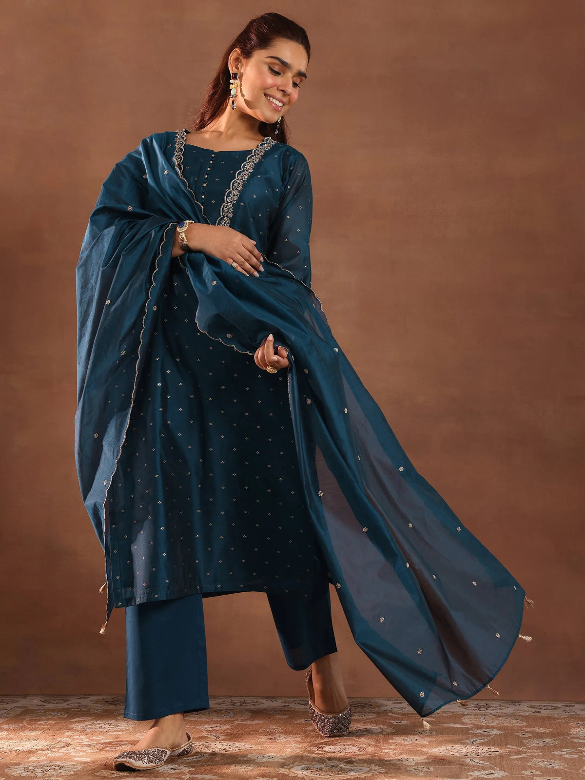 Anouk Teal Woven Design Chanderi Silk Straight Suit With Dupatta