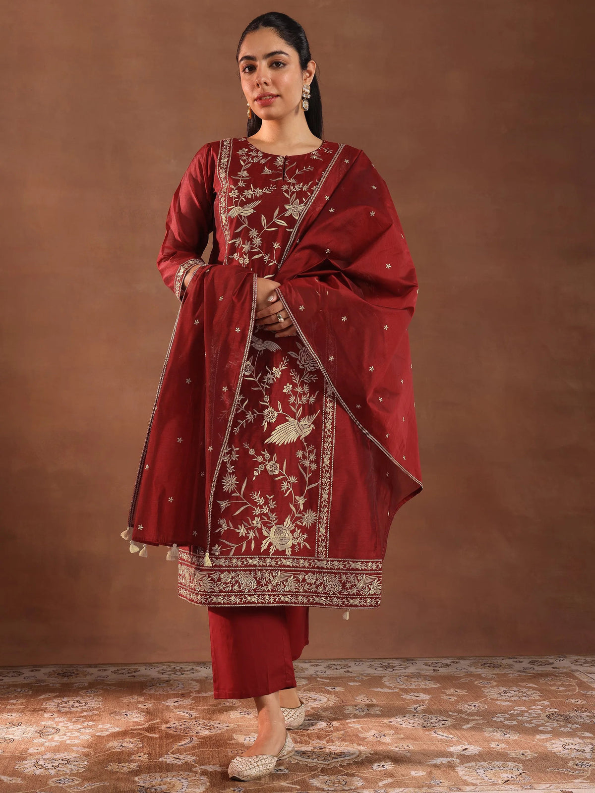 Anouk Maroon Embroidered Chanderi Silk Straight Suit With Dupatta