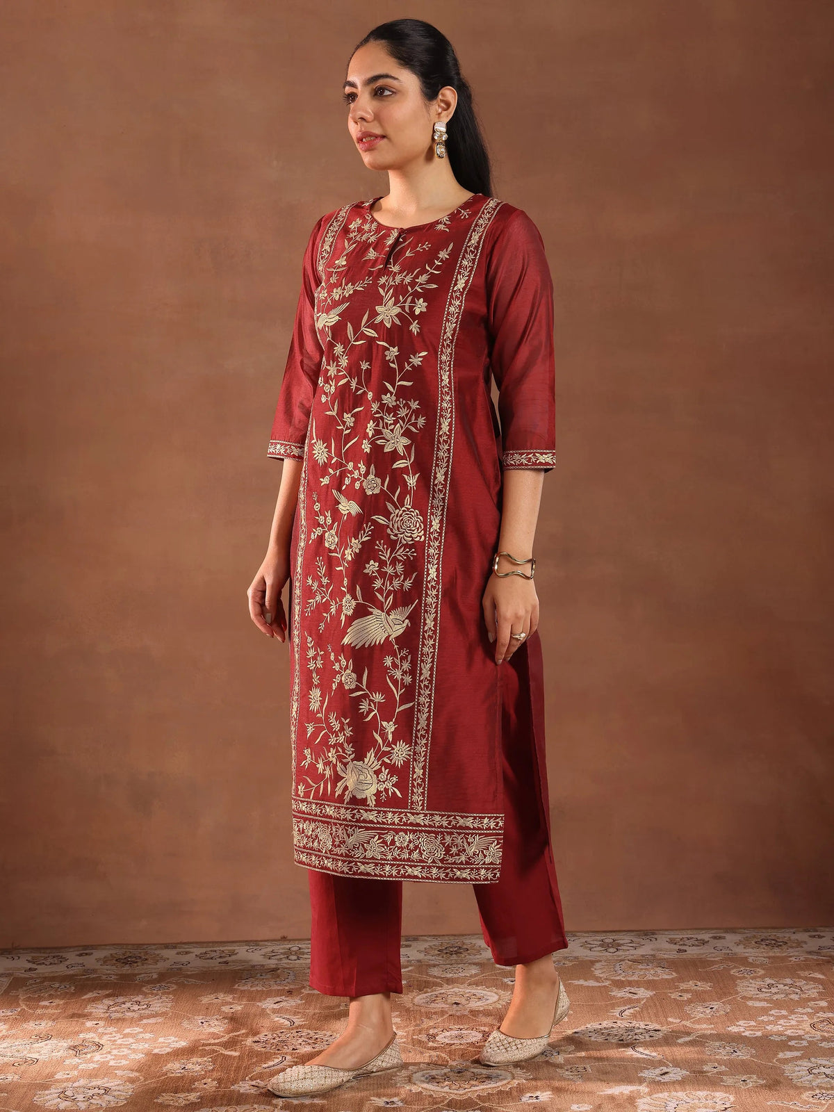 Anouk Maroon Embroidered Chanderi Silk Straight Suit With Dupatta