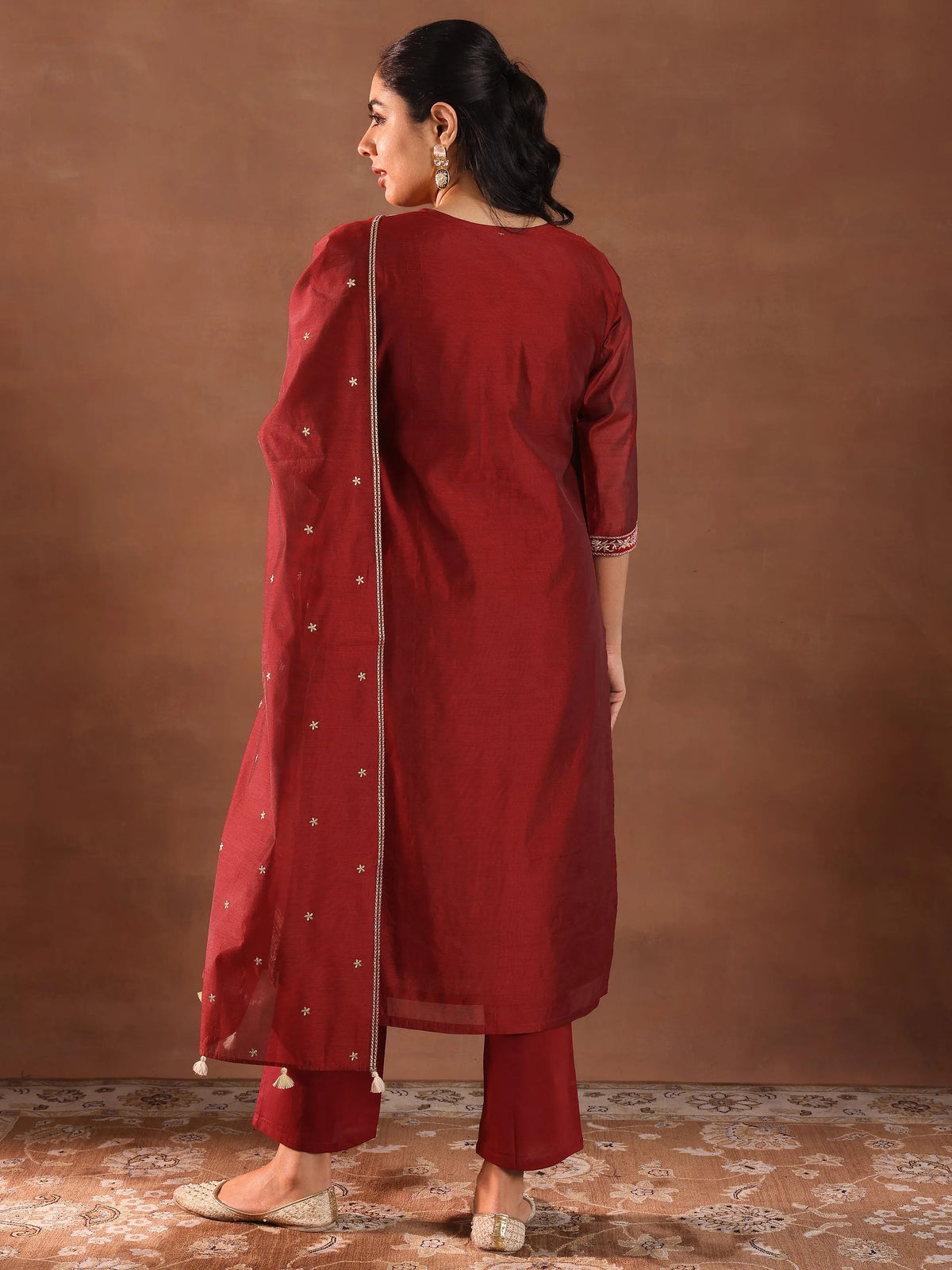 Anouk Maroon Embroidered Chanderi Silk Straight Suit With Dupatta