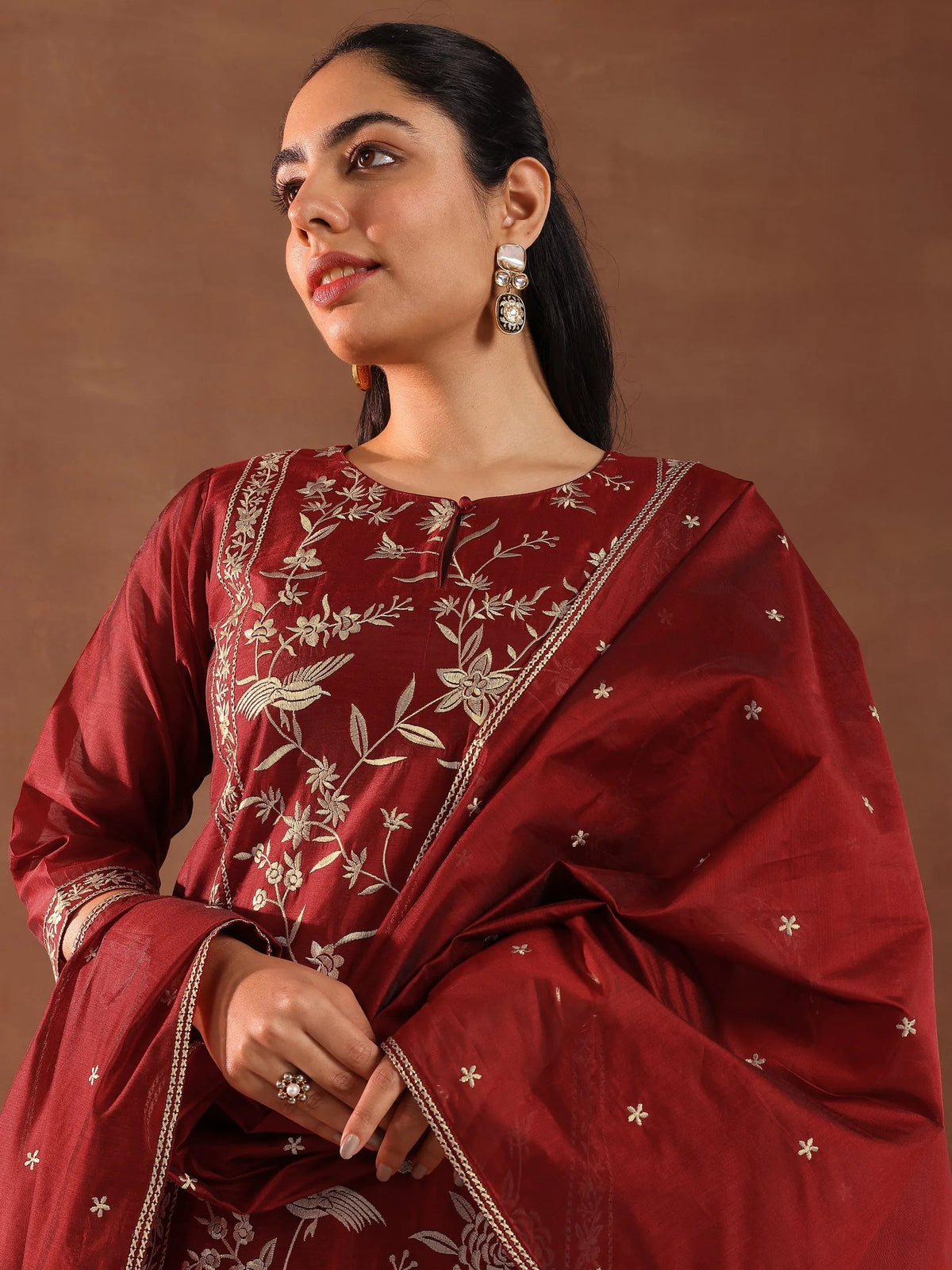 Anouk Maroon Embroidered Chanderi Silk Straight Suit With Dupatta