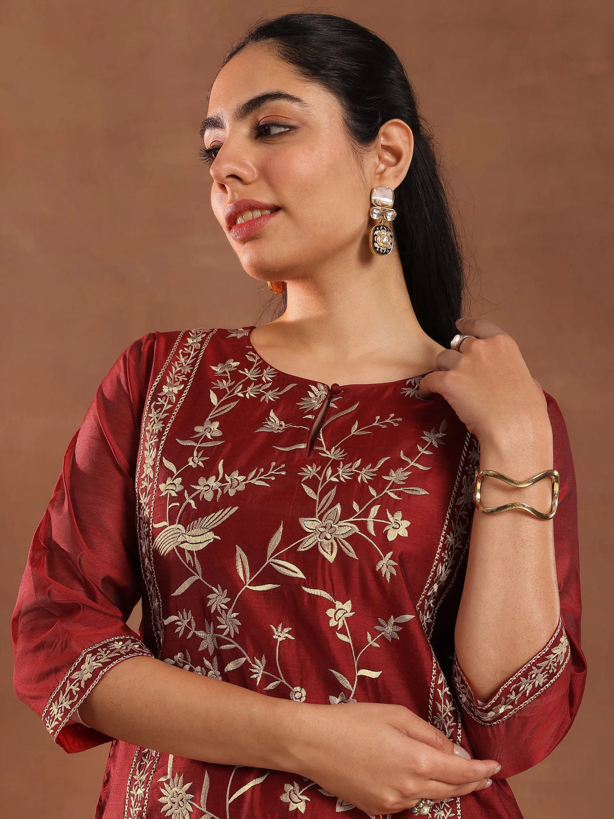 Anouk Maroon Embroidered Chanderi Silk Straight Suit With Dupatta