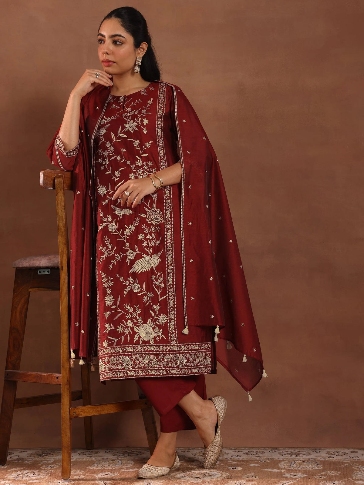 Anouk Maroon Embroidered Chanderi Silk Straight Suit With Dupatta