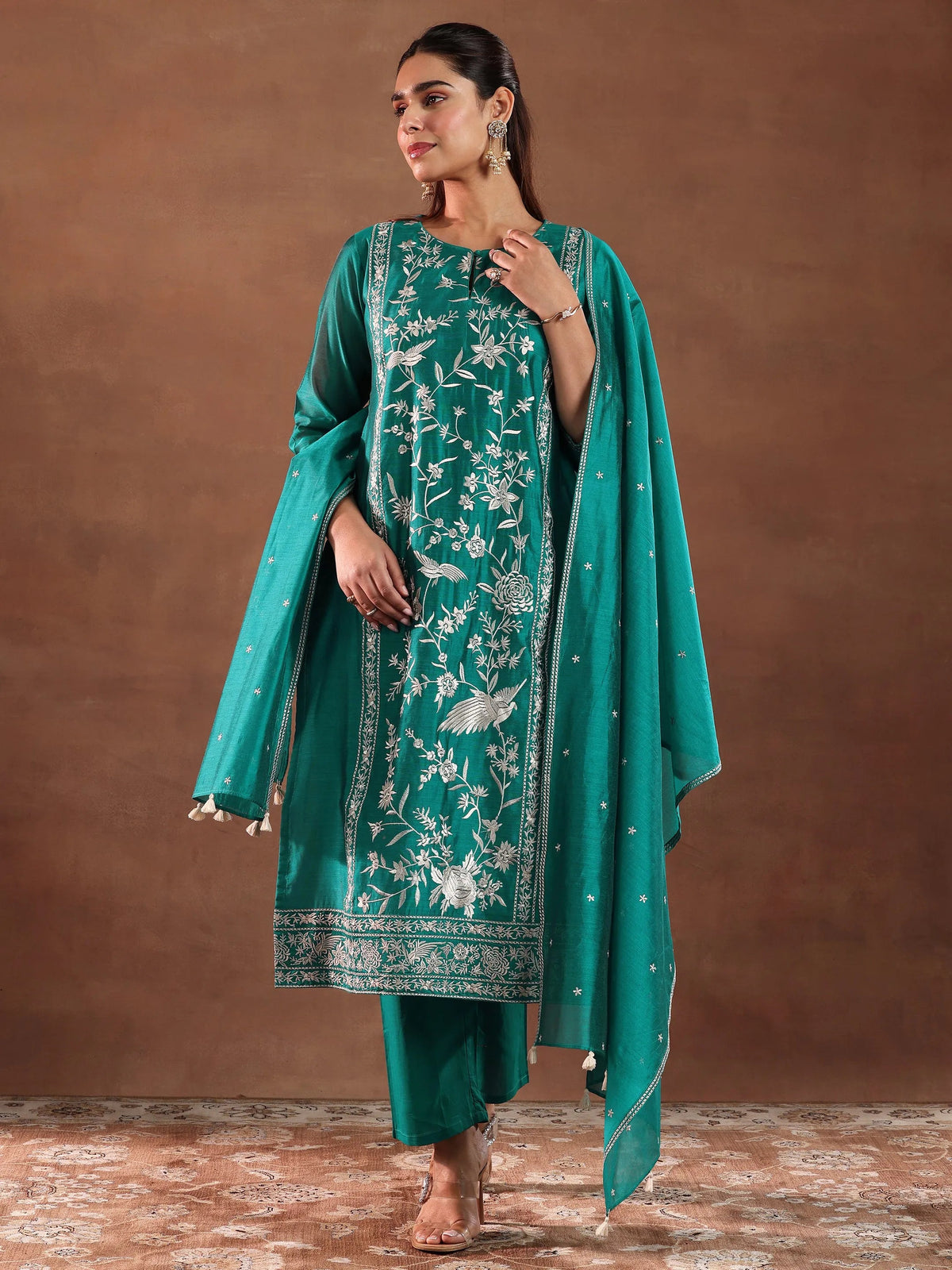 Anouk Teal Green Embroidered Chanderi Silk Straight Suit With Dupatta