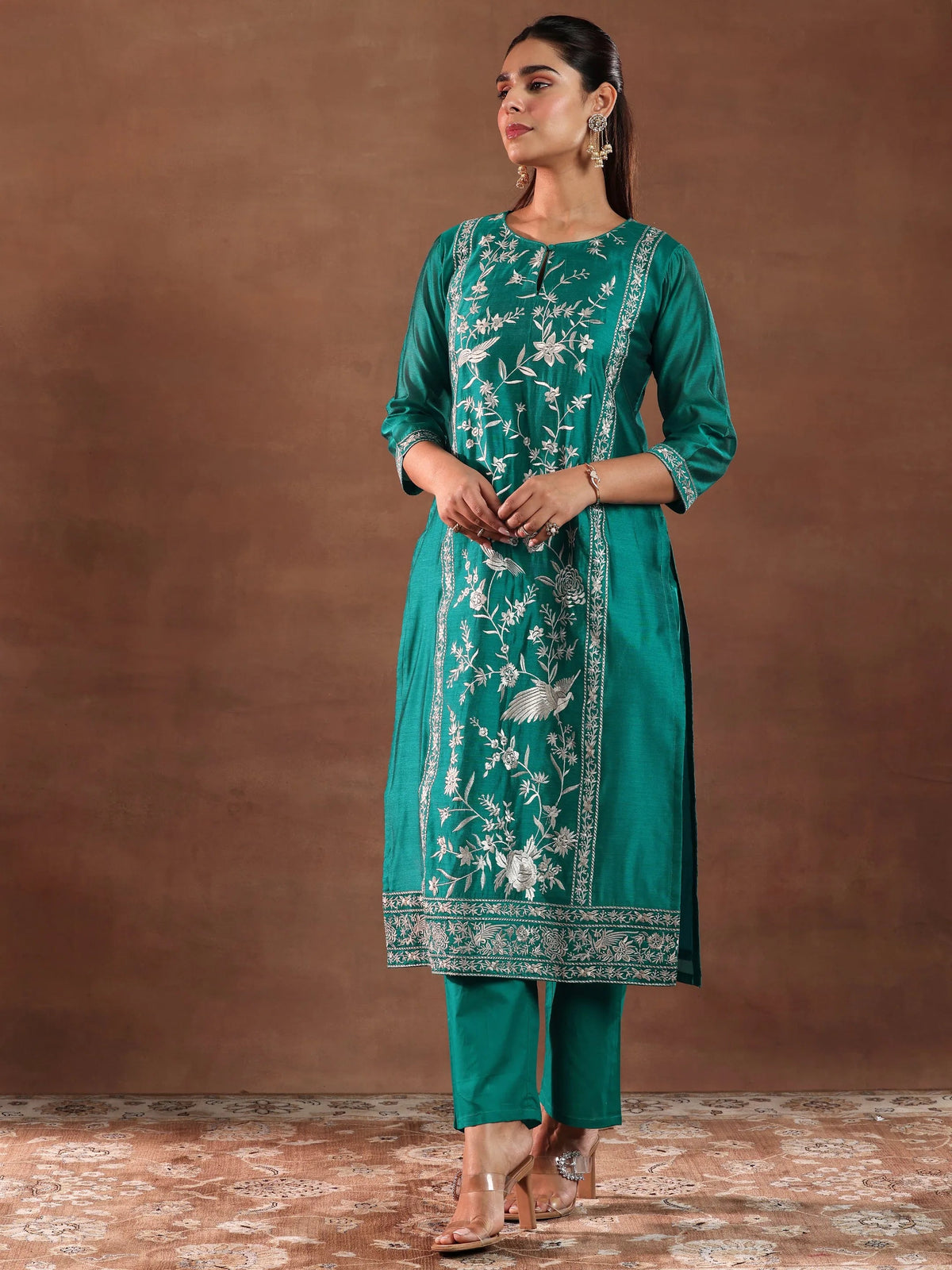 Anouk Teal Green Embroidered Chanderi Silk Straight Suit With Dupatta