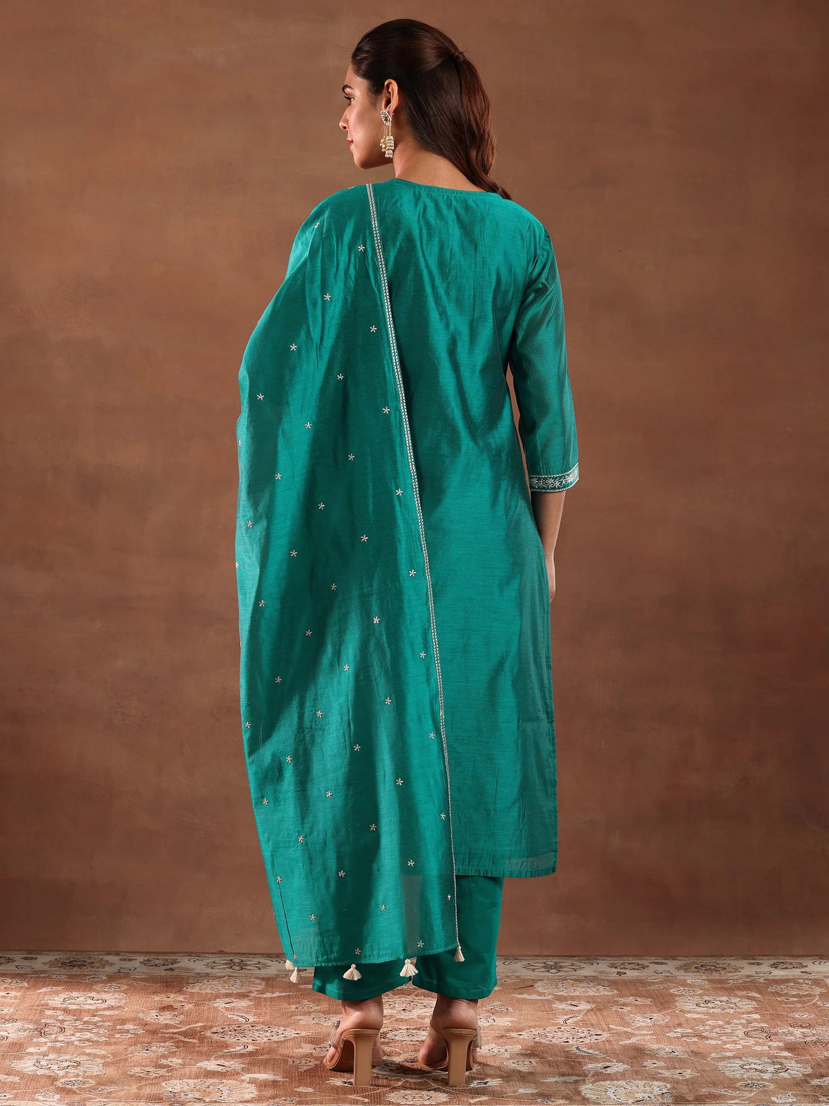 Anouk Teal Green Embroidered Chanderi Silk Straight Suit With Dupatta