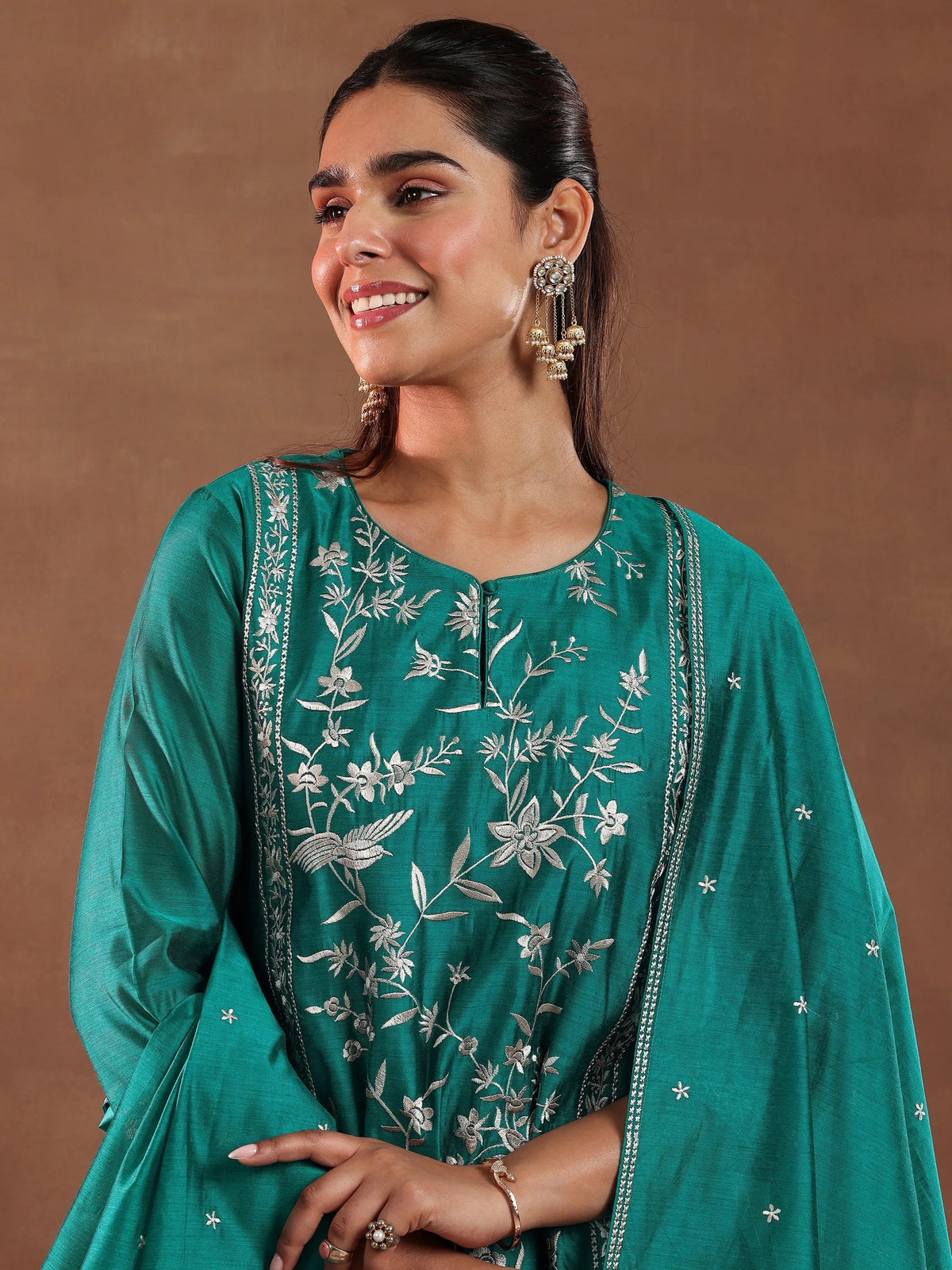 Anouk Teal Green Embroidered Chanderi Silk Straight Suit With Dupatta