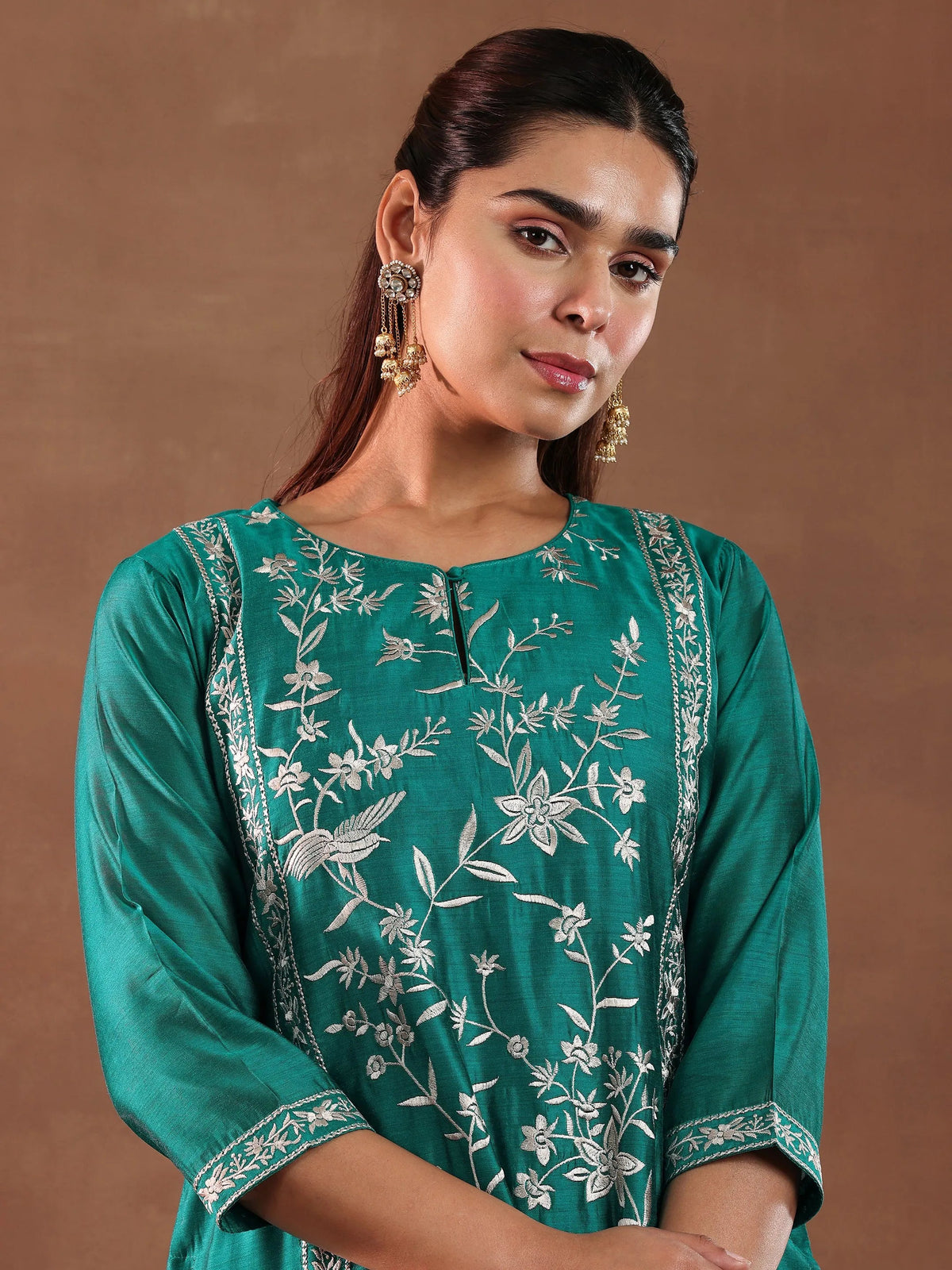 Anouk Teal Green Embroidered Chanderi Silk Straight Suit With Dupatta