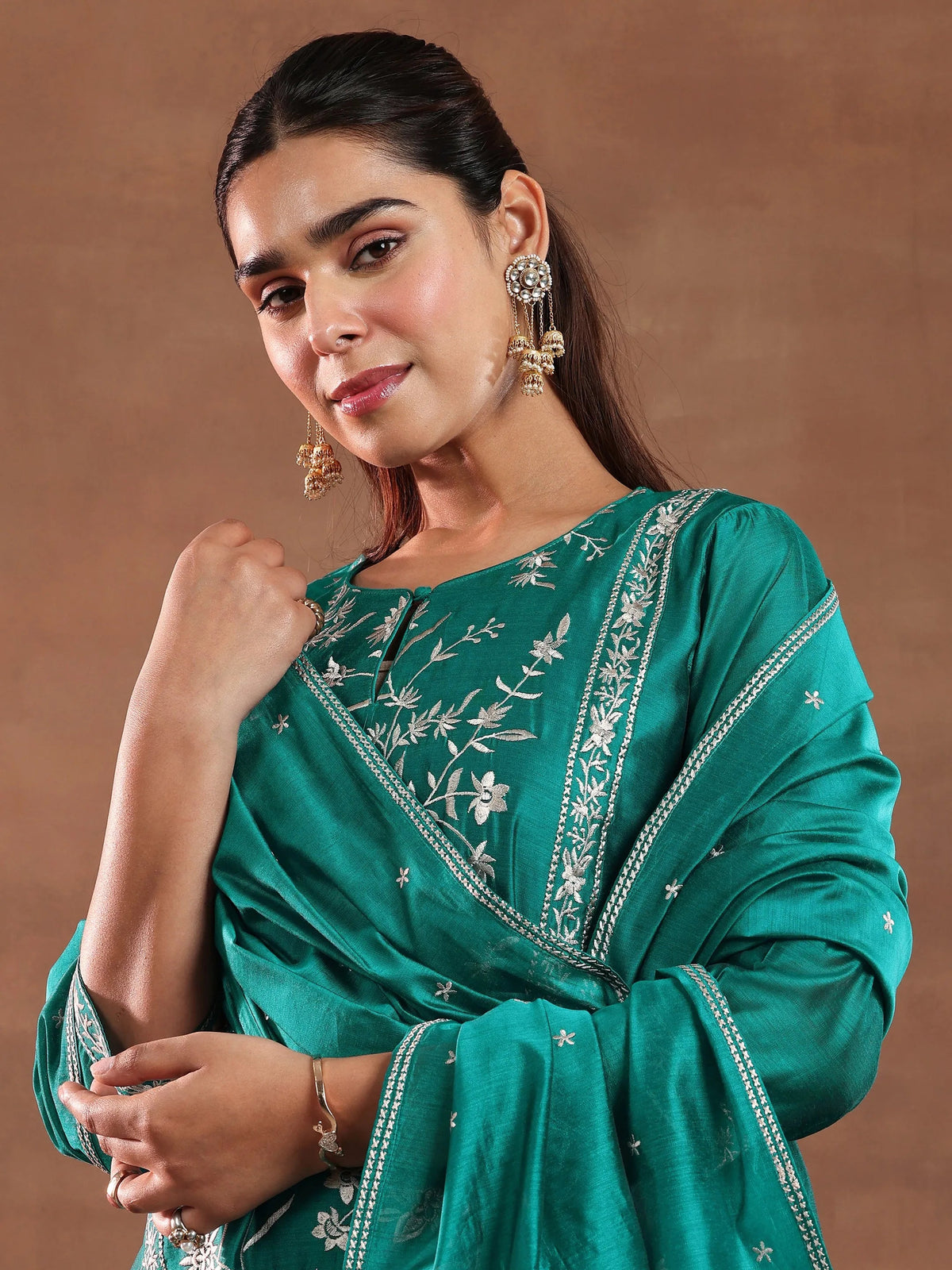 Anouk Teal Green Embroidered Chanderi Silk Straight Suit With Dupatta