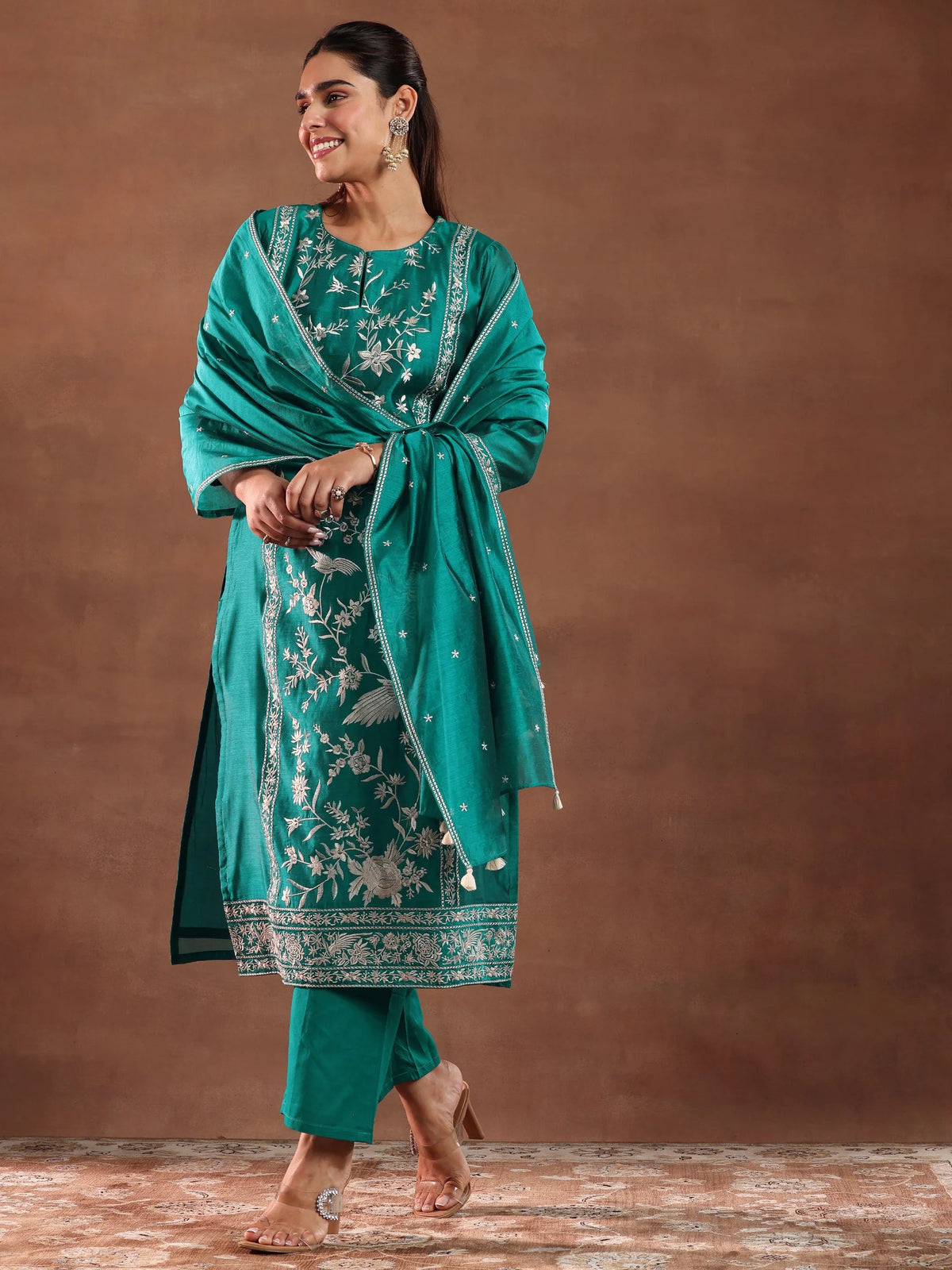 Anouk Teal Green Embroidered Chanderi Silk Straight Suit With Dupatta