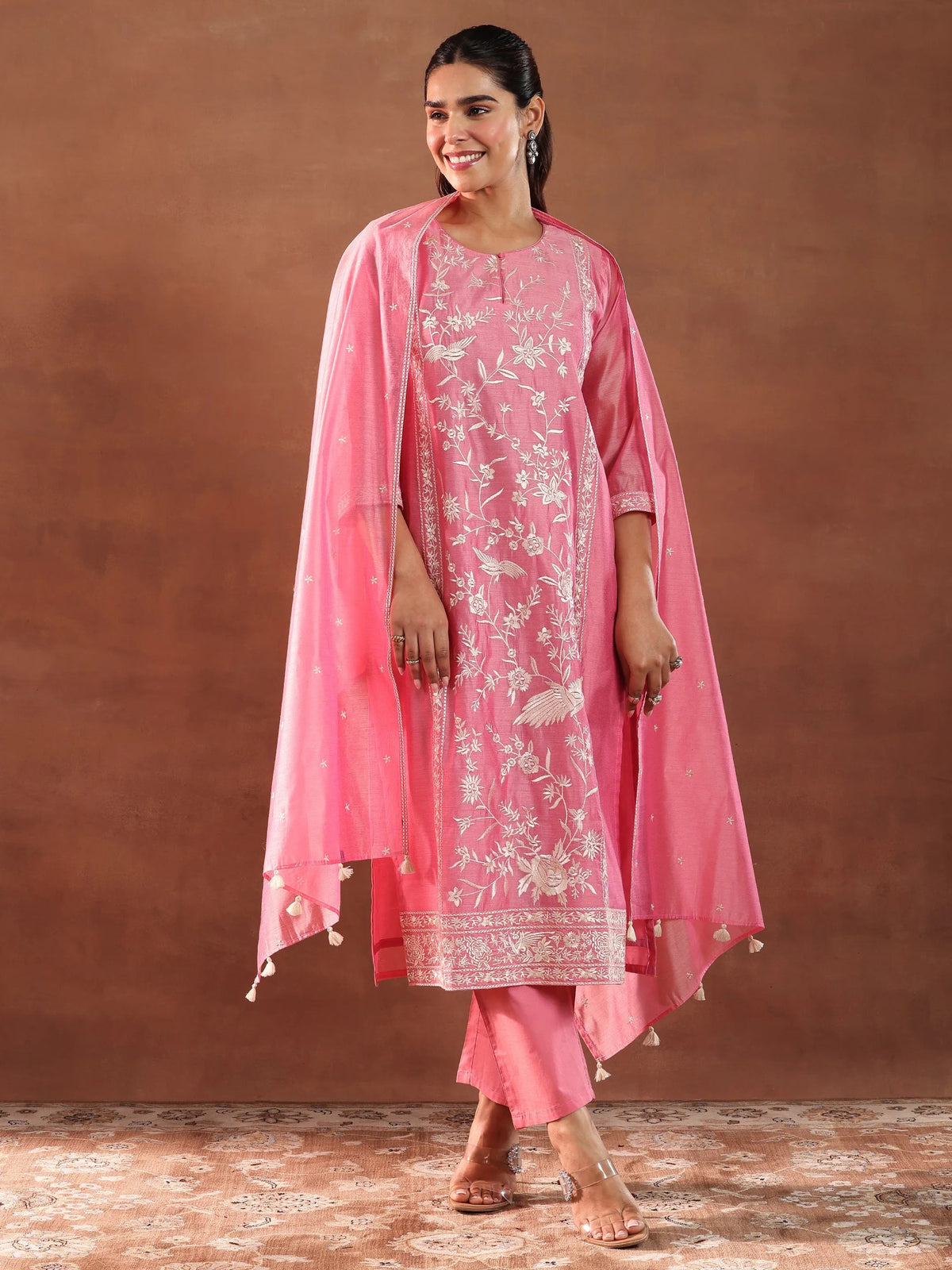 Anouk Coral Embroidered Chanderi Silk Straight Suit With Dupatta