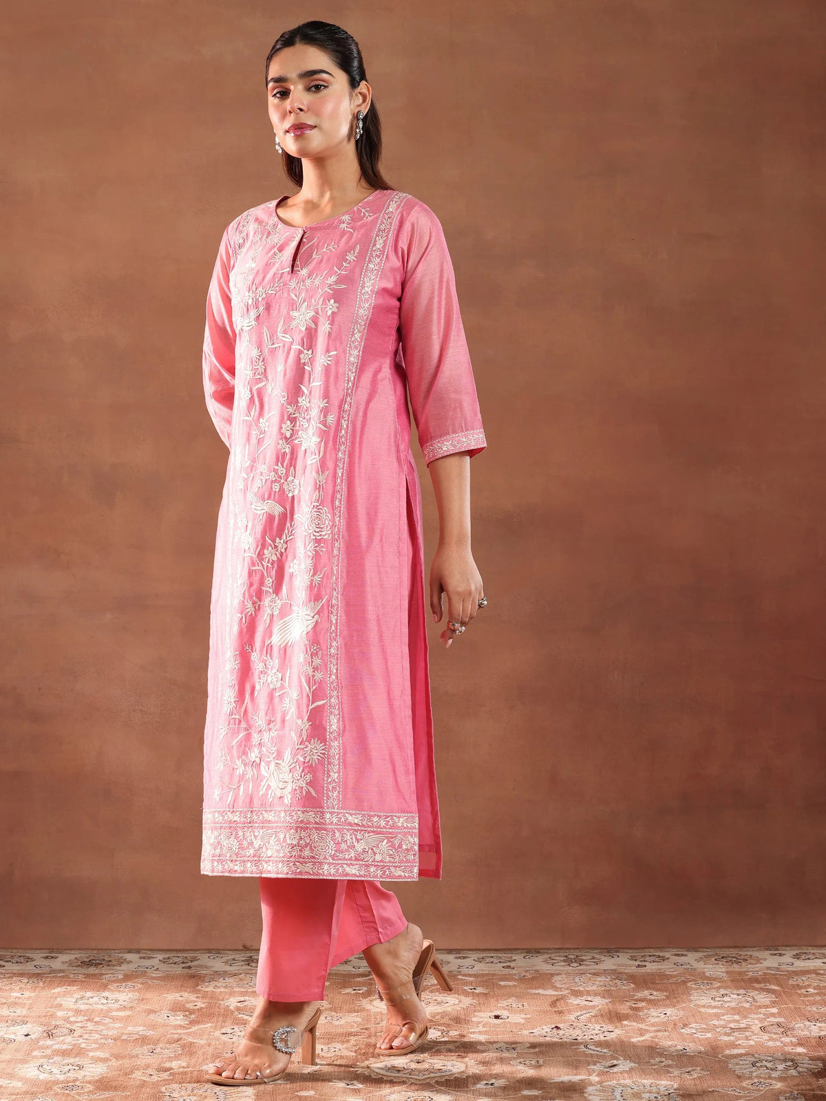 Anouk Coral Embroidered Chanderi Silk Straight Suit With Dupatta