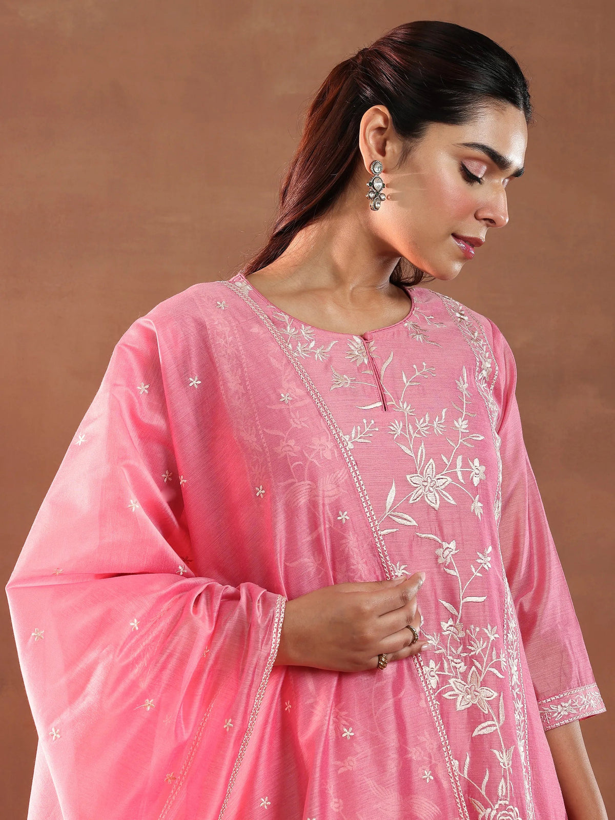 Anouk Coral Embroidered Chanderi Silk Straight Suit With Dupatta