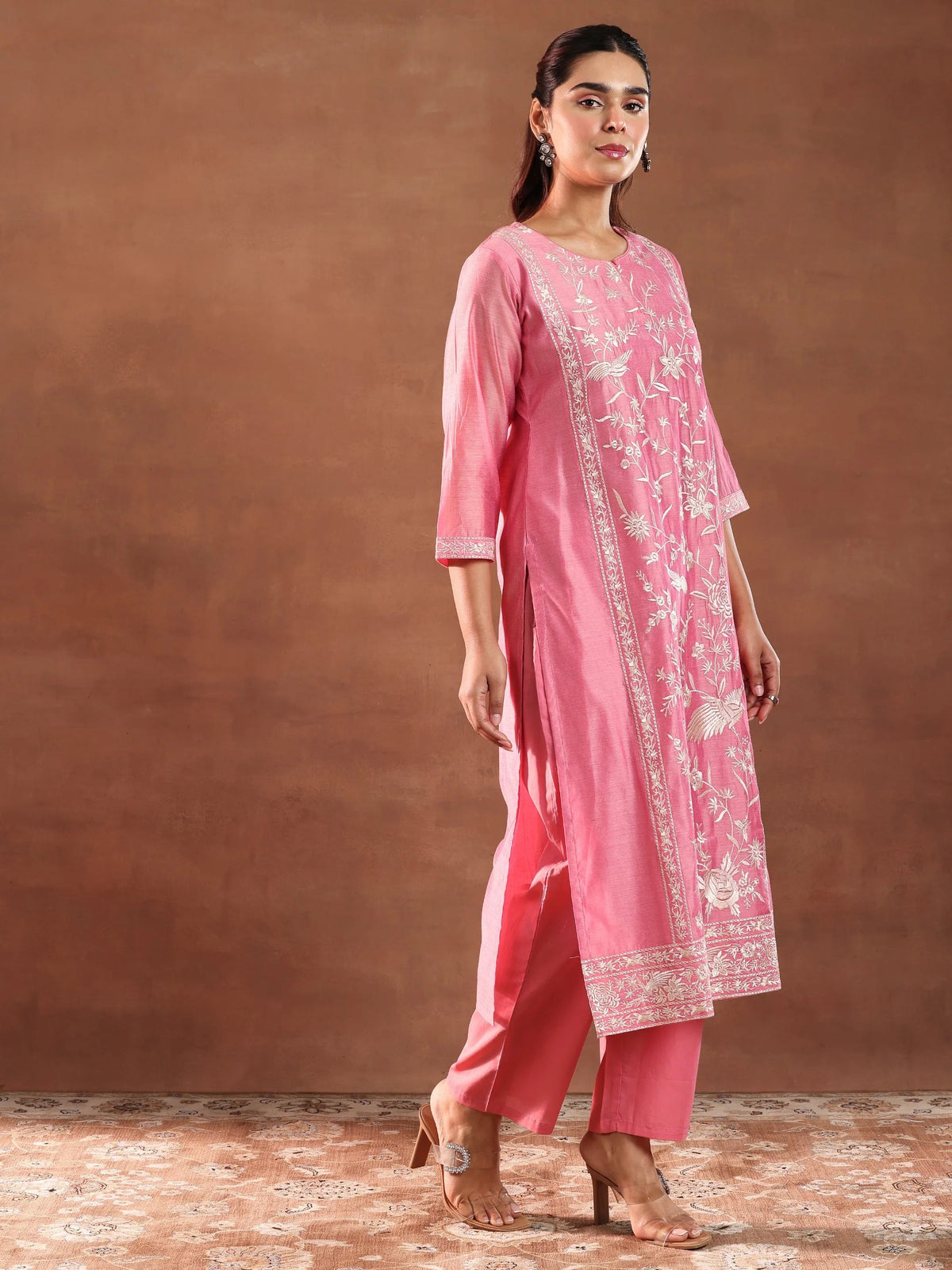 Anouk Coral Embroidered Chanderi Silk Straight Suit With Dupatta