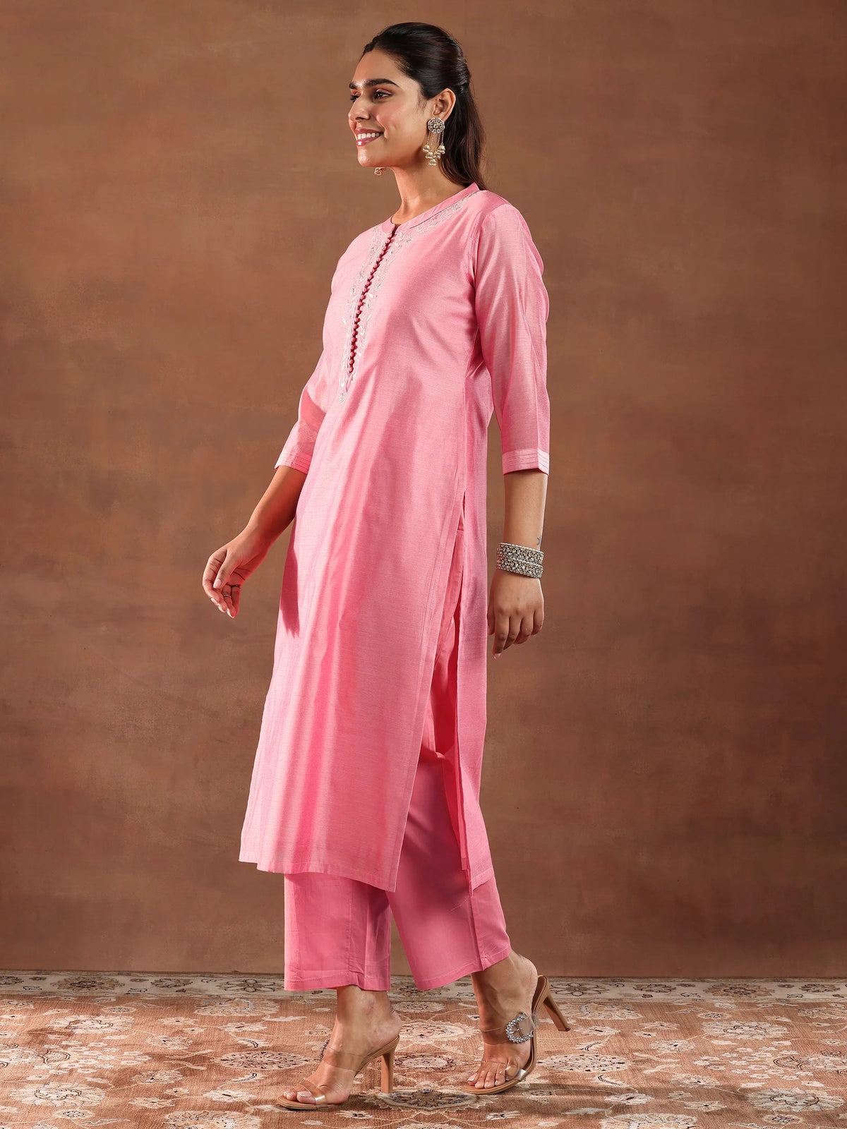 Anouk Coral Yoke Design Chanderi Silk Straight Suit With Dupatta