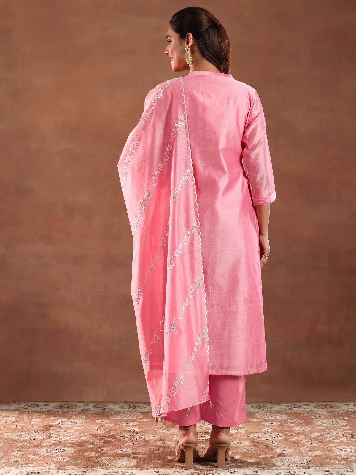 Anouk Coral Yoke Design Chanderi Silk Straight Suit With Dupatta