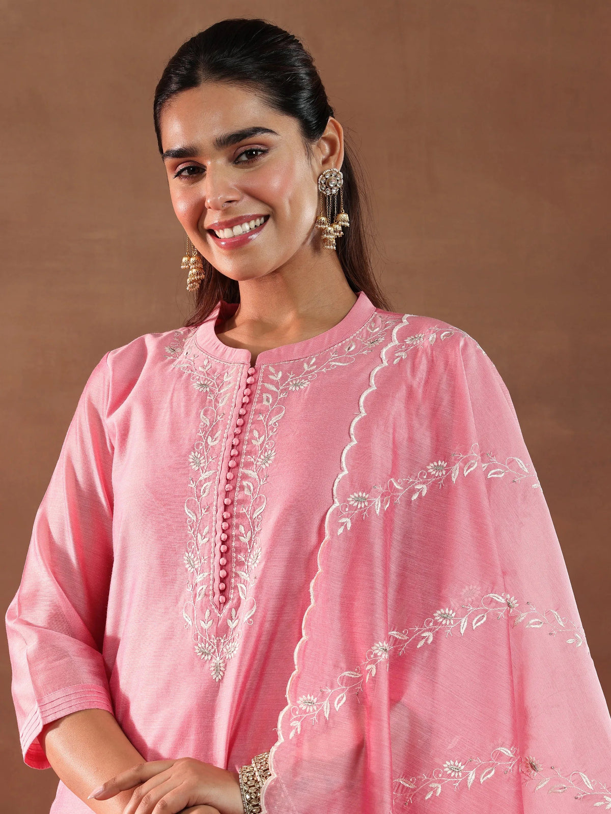 Anouk Coral Yoke Design Chanderi Silk Straight Suit With Dupatta