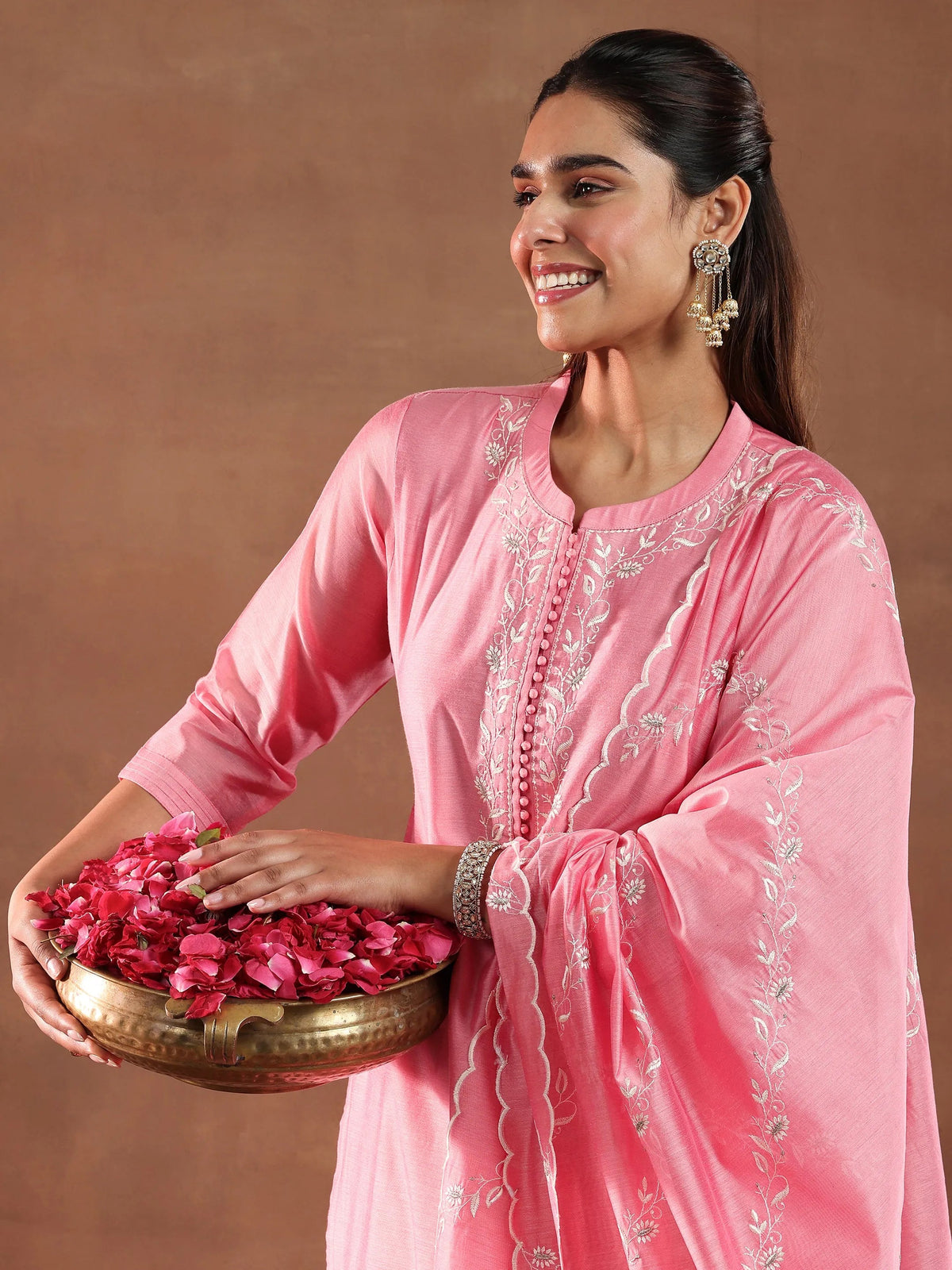 Anouk Coral Yoke Design Chanderi Silk Straight Suit With Dupatta