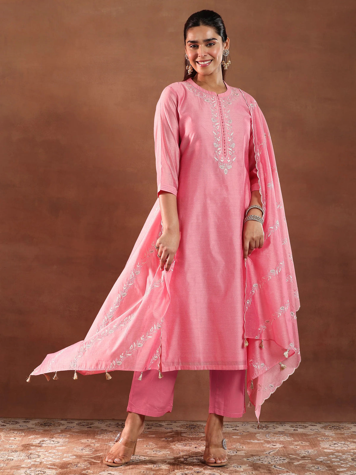 Anouk Coral Yoke Design Chanderi Silk Straight Suit With Dupatta