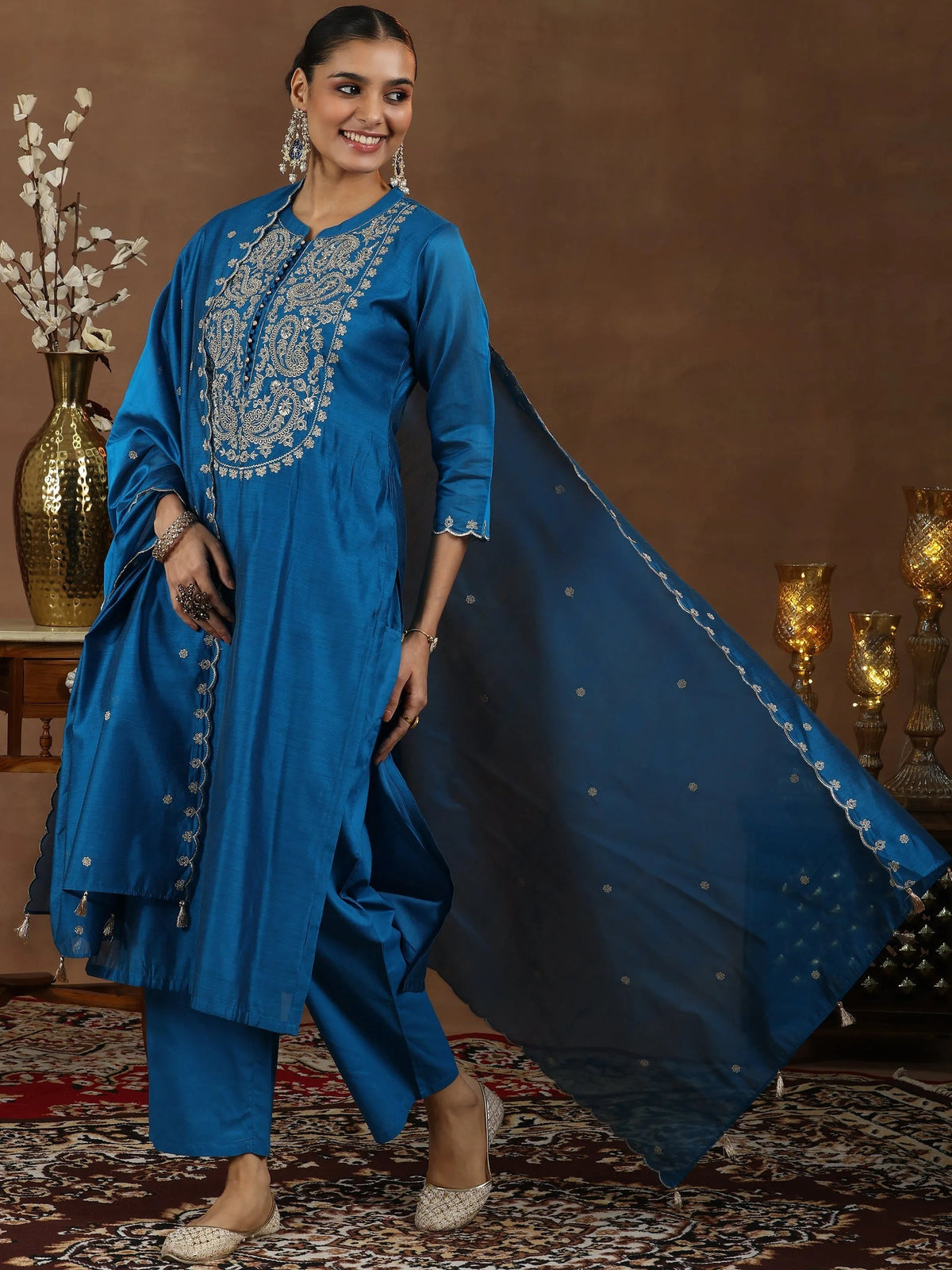Anouk Blue Yoke Design Chanderi Silk Straight Suit With Dupatta