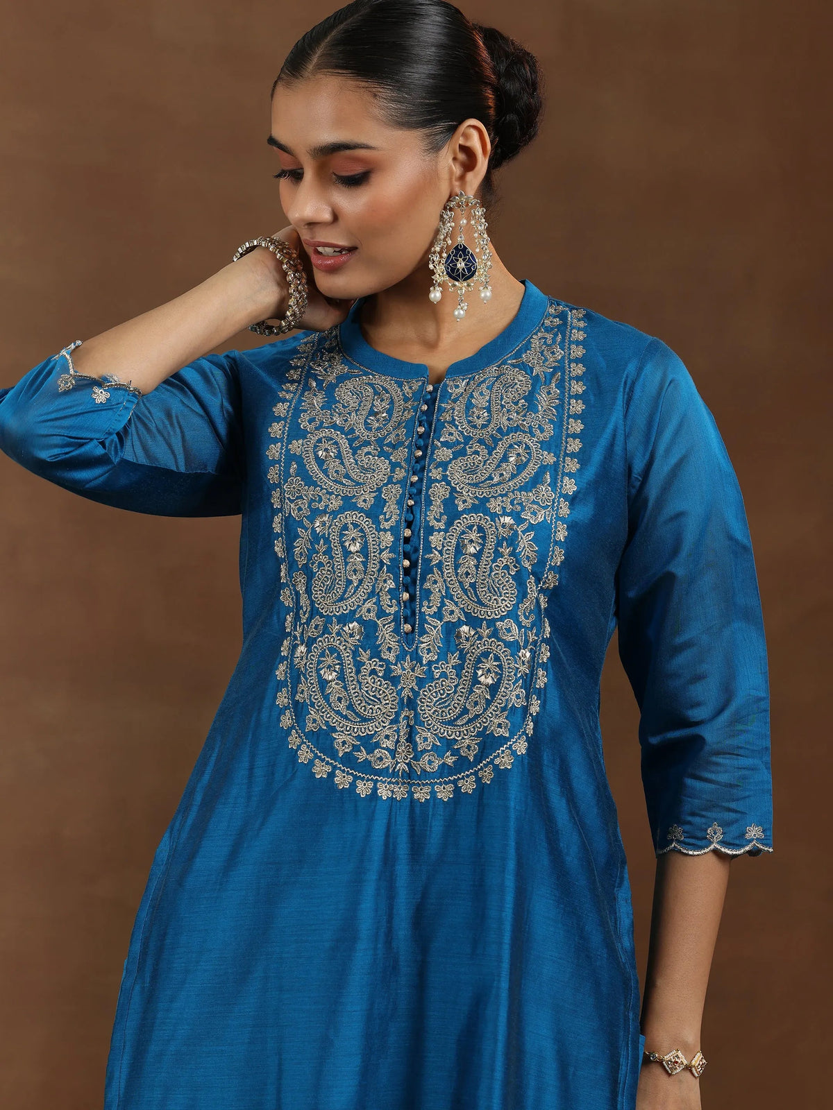 Anouk Blue Yoke Design Chanderi Silk Straight Suit With Dupatta